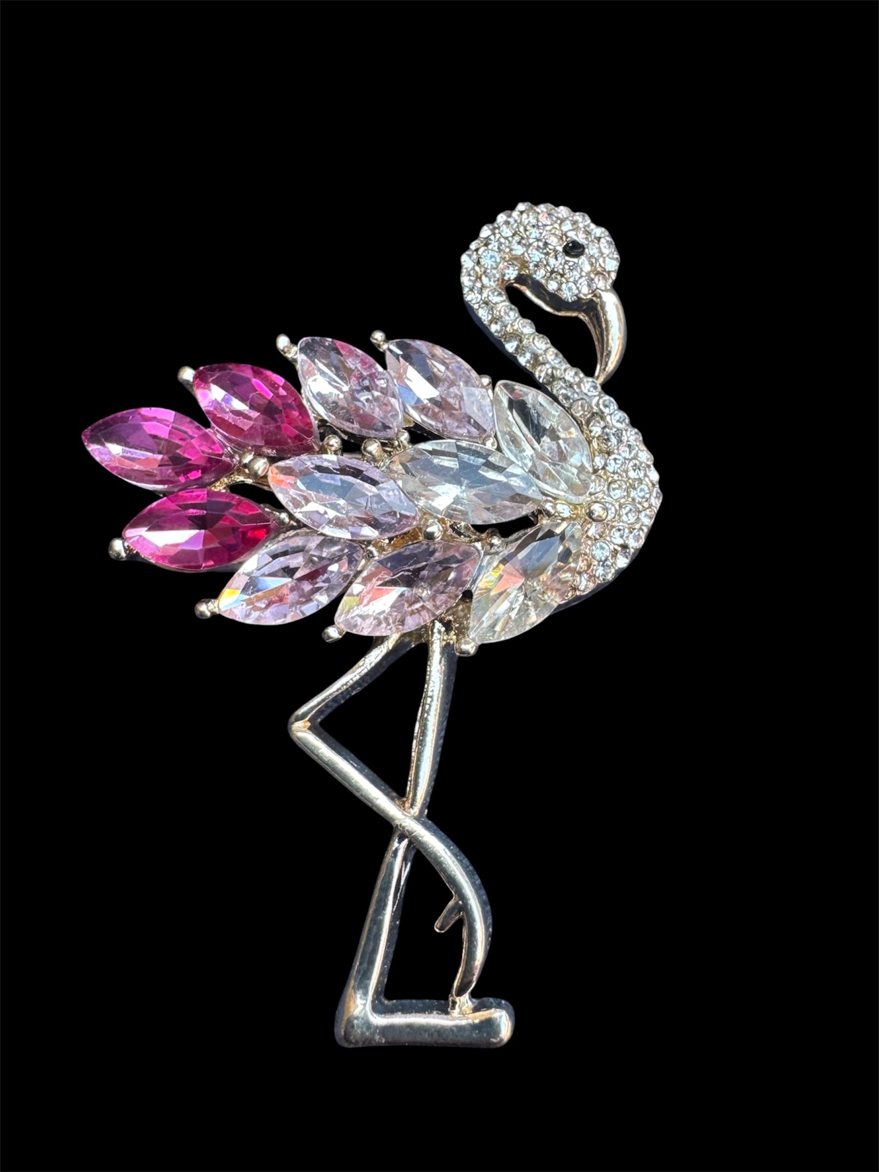 Pink crystal flamingo brooch , silver tone