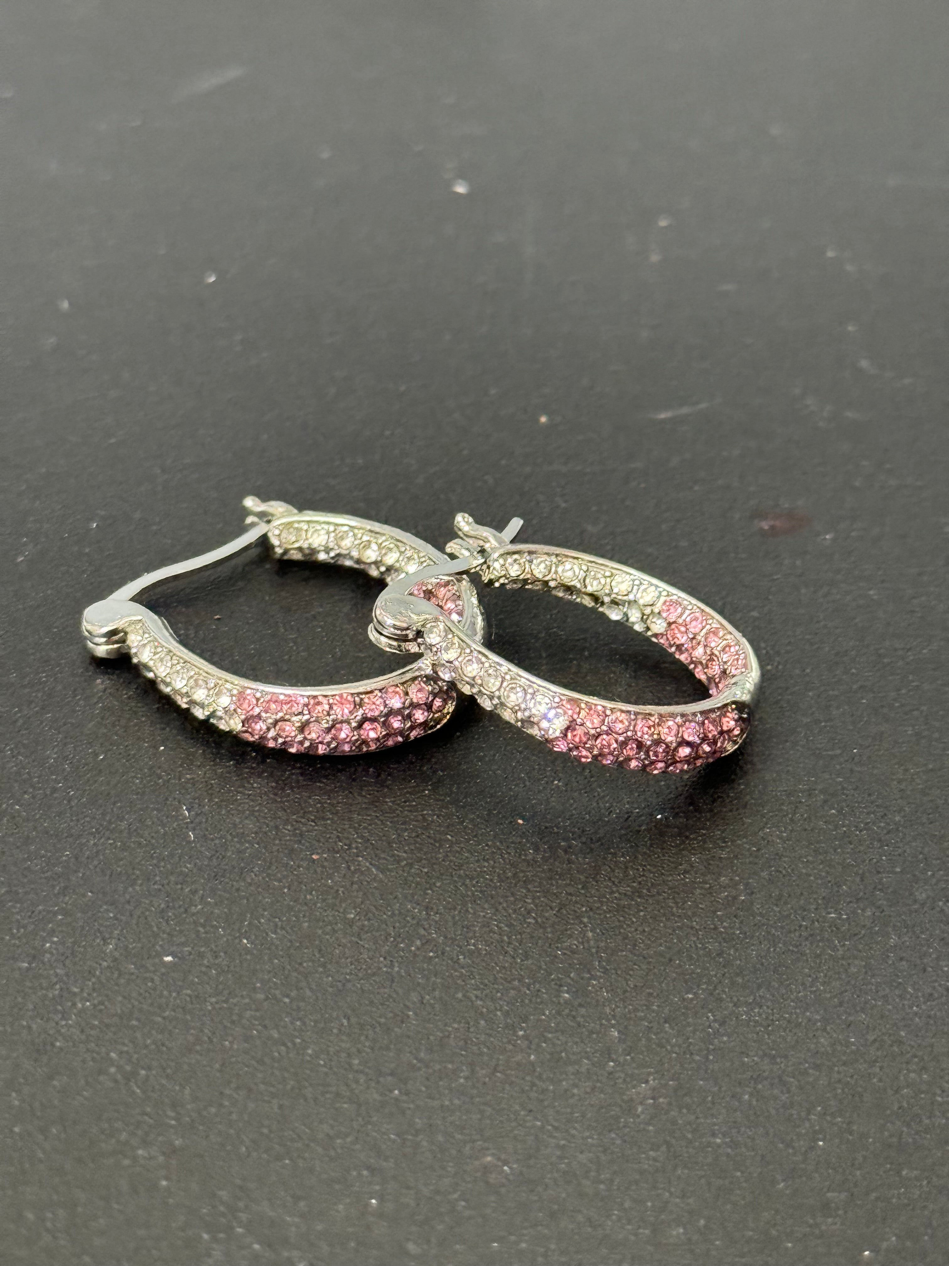 Pink & clear diamanté Crystal silver tone small oval hoop earrings