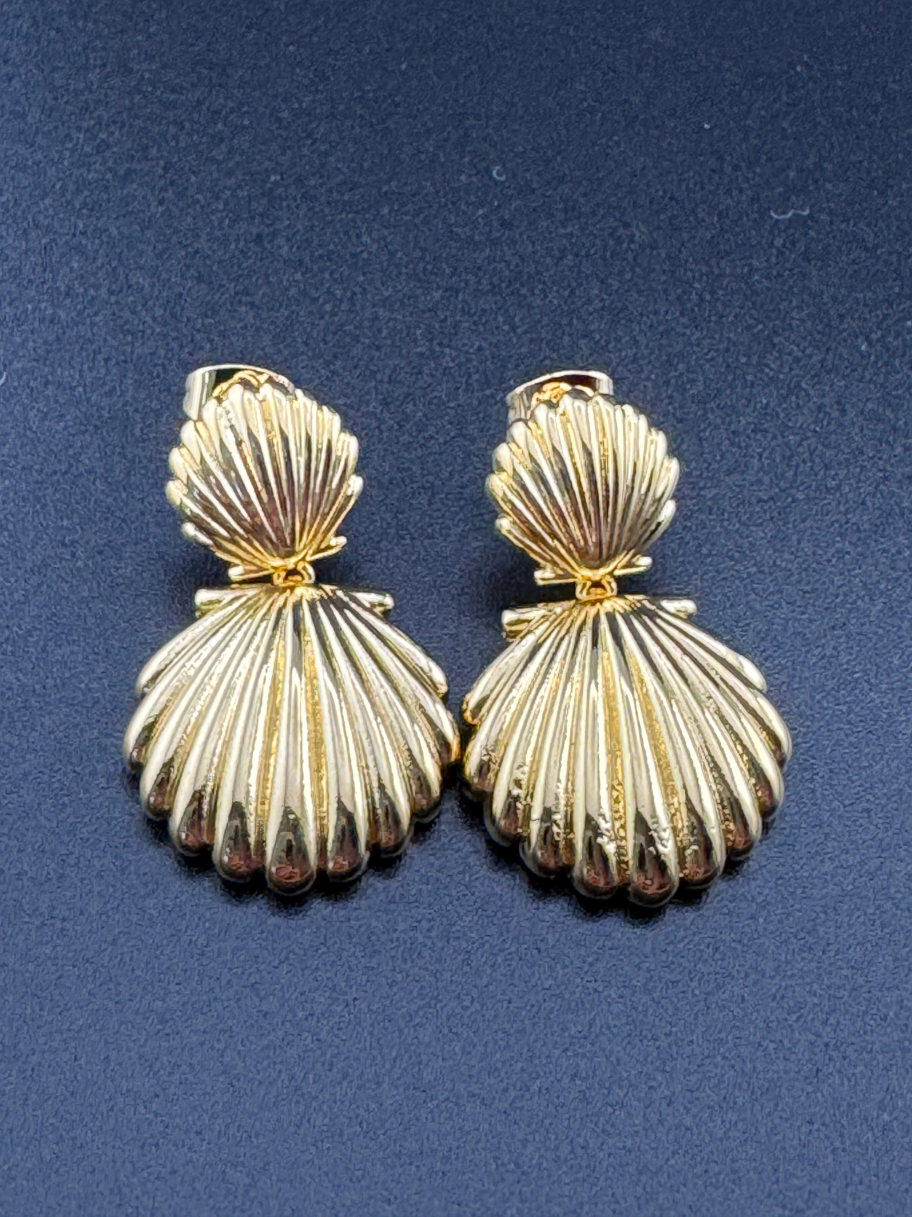 Nautical Gold seashell drop earrings , pierced door knocker hinged