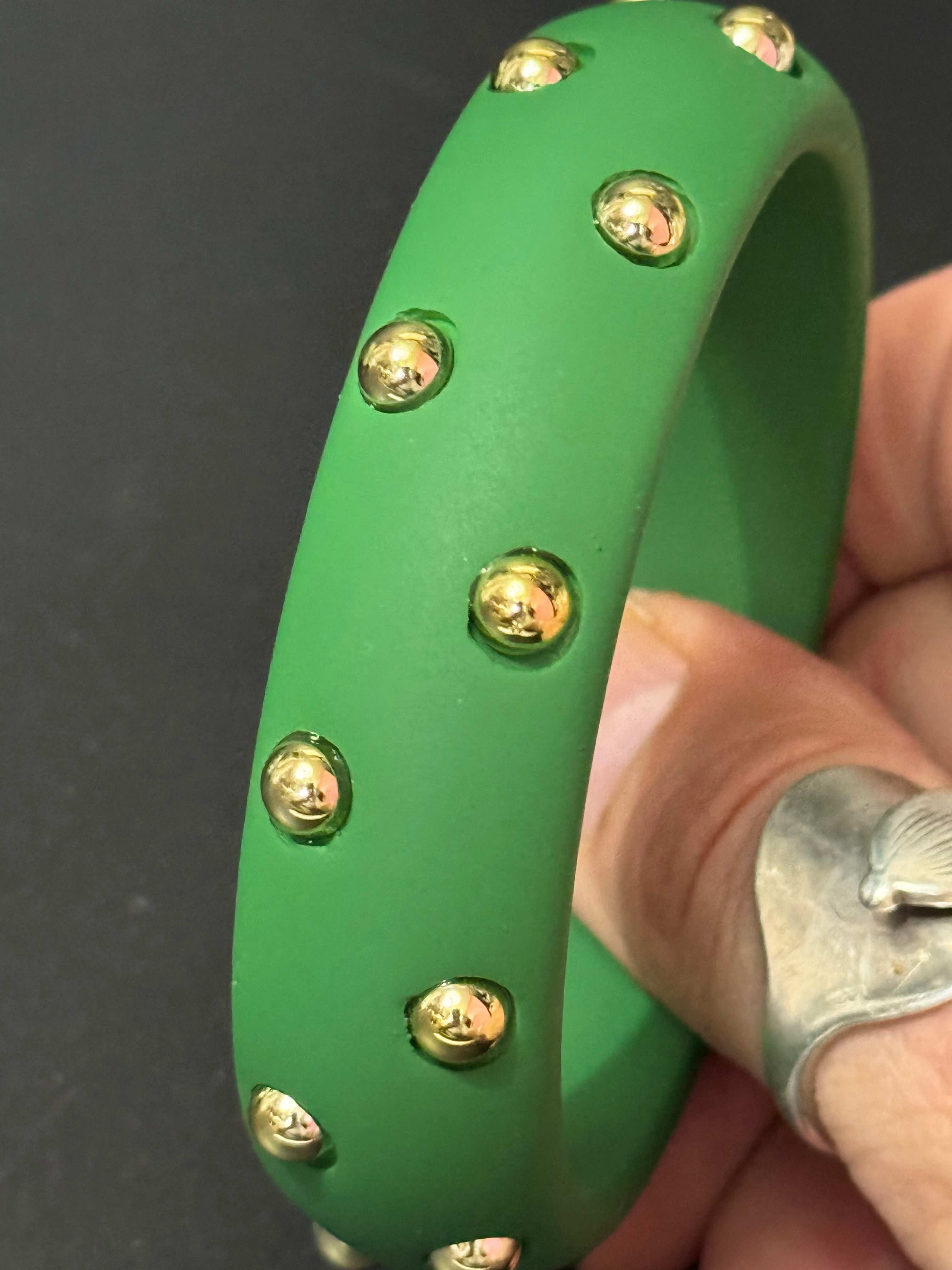 Bright Matt Green gold metal studded wide plastic bangle