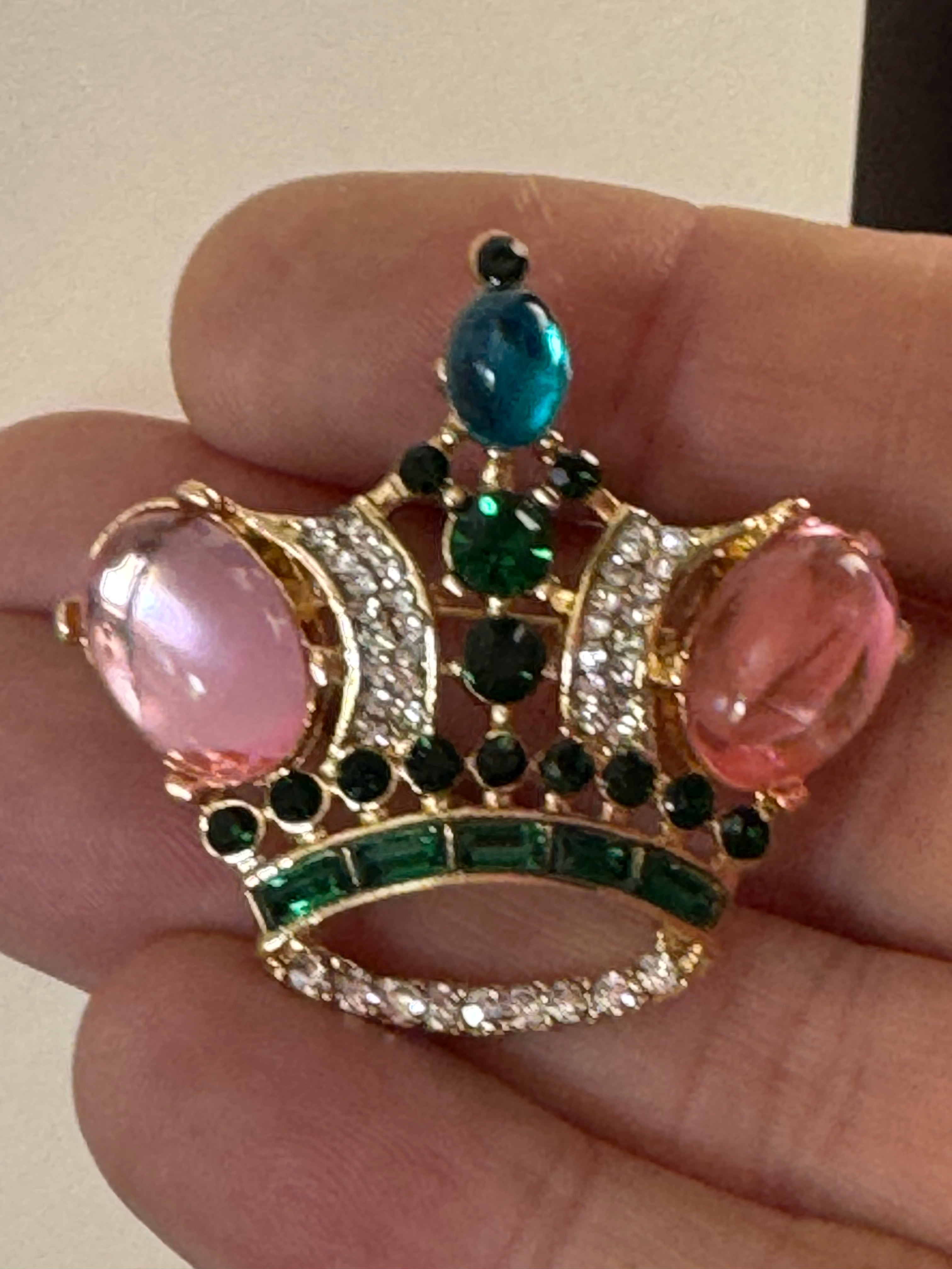 Royal crown brooch set with pink cabochons and coloured rhinestones