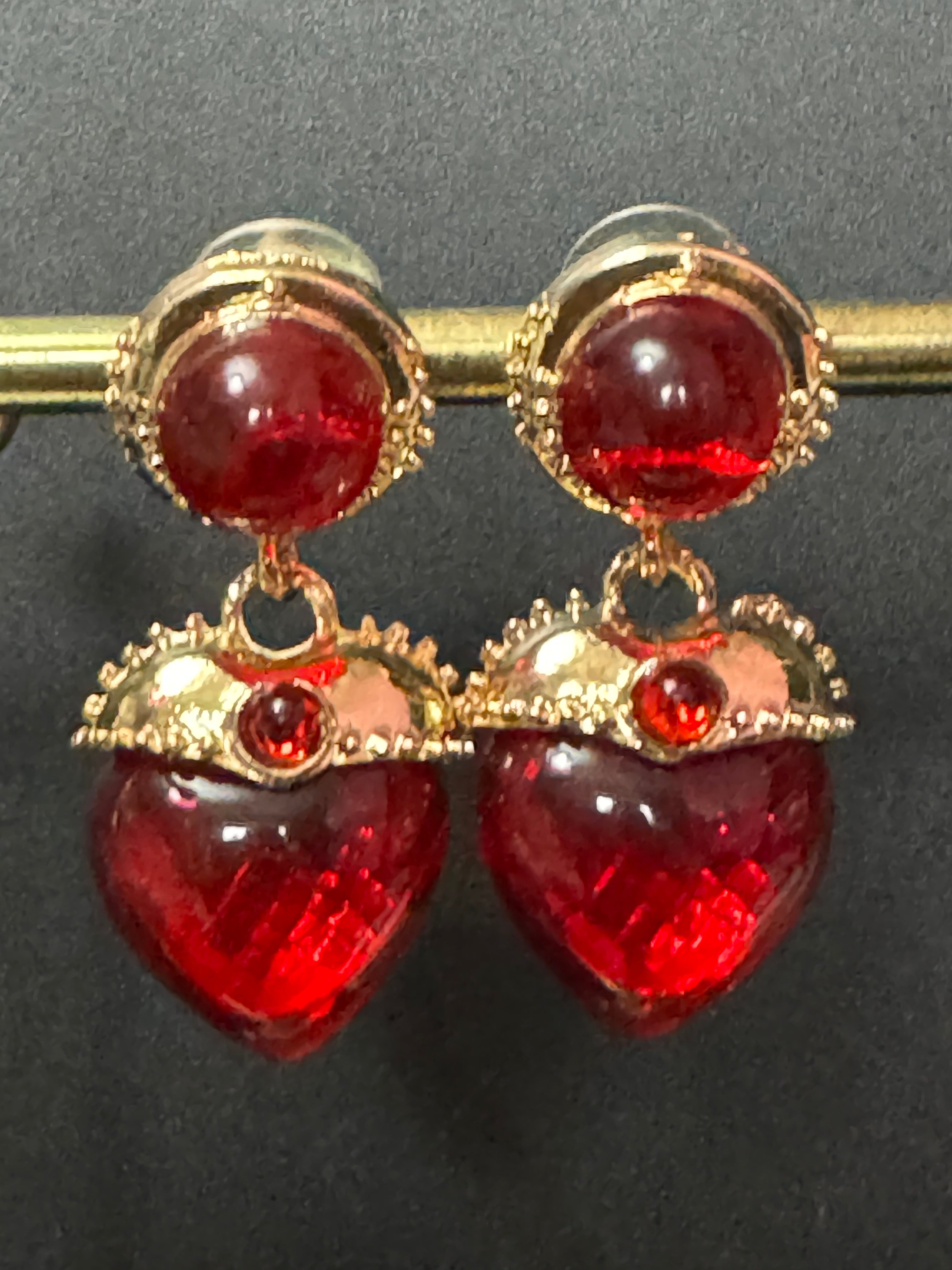Oversized medieval style ruby red love heart cabochon drop earrings gold tone