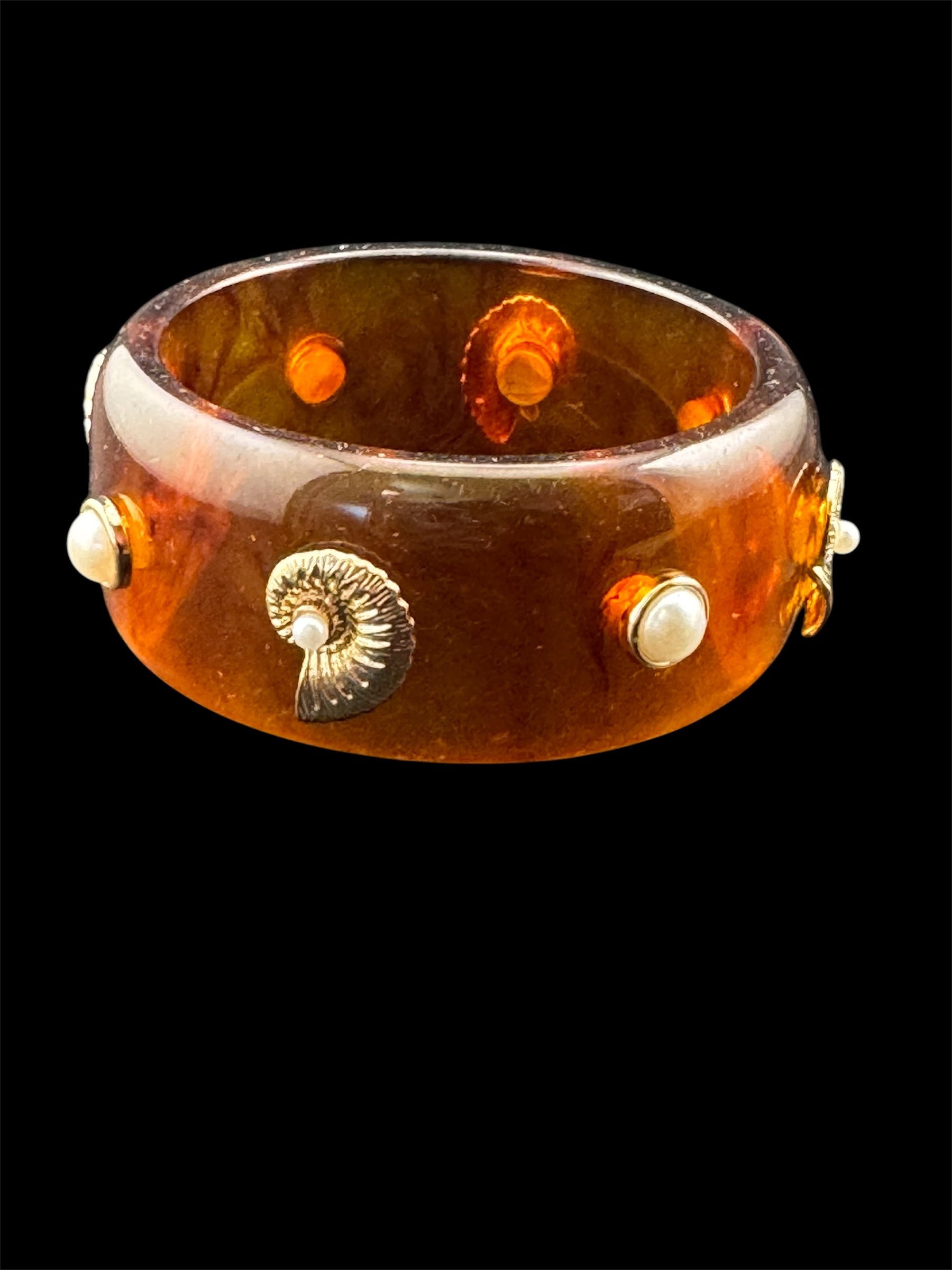 Nautical gold ammonite faux tortoiseshell wide brown acrylic pearl plastic bangle bracelet