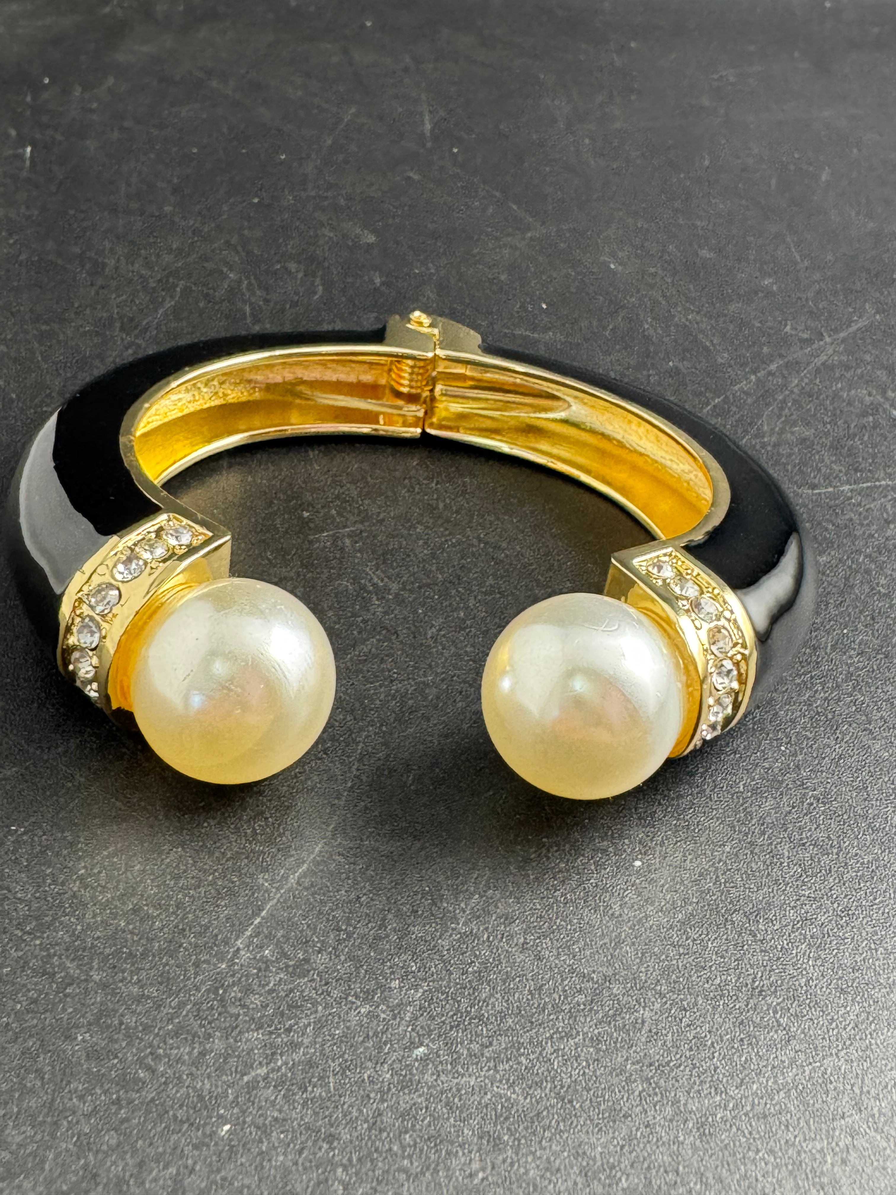 Classic black enamel Crystal clamper Bangle with pearl ball ends