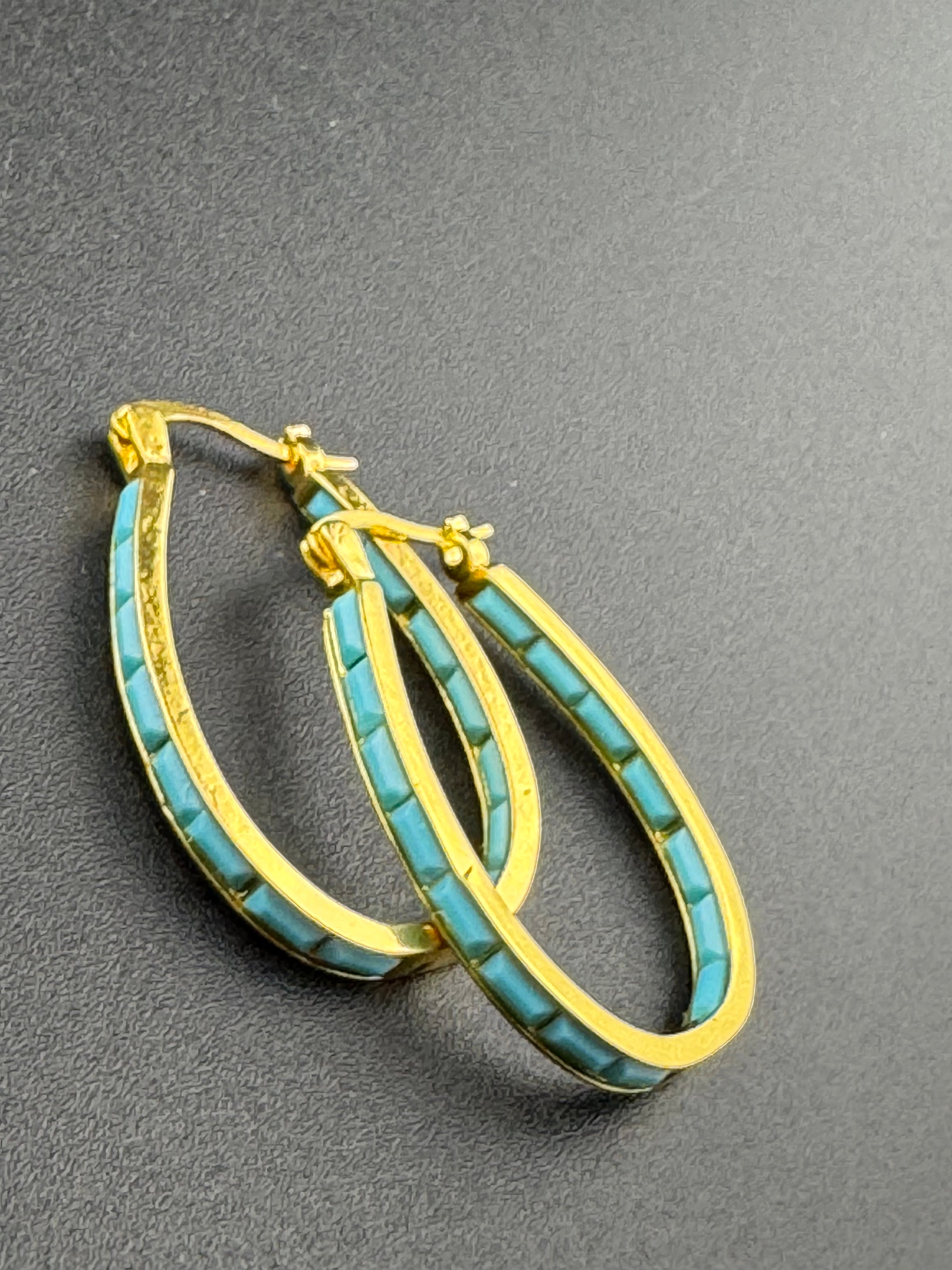 Turquoise blue gold tone oval hoop earrings