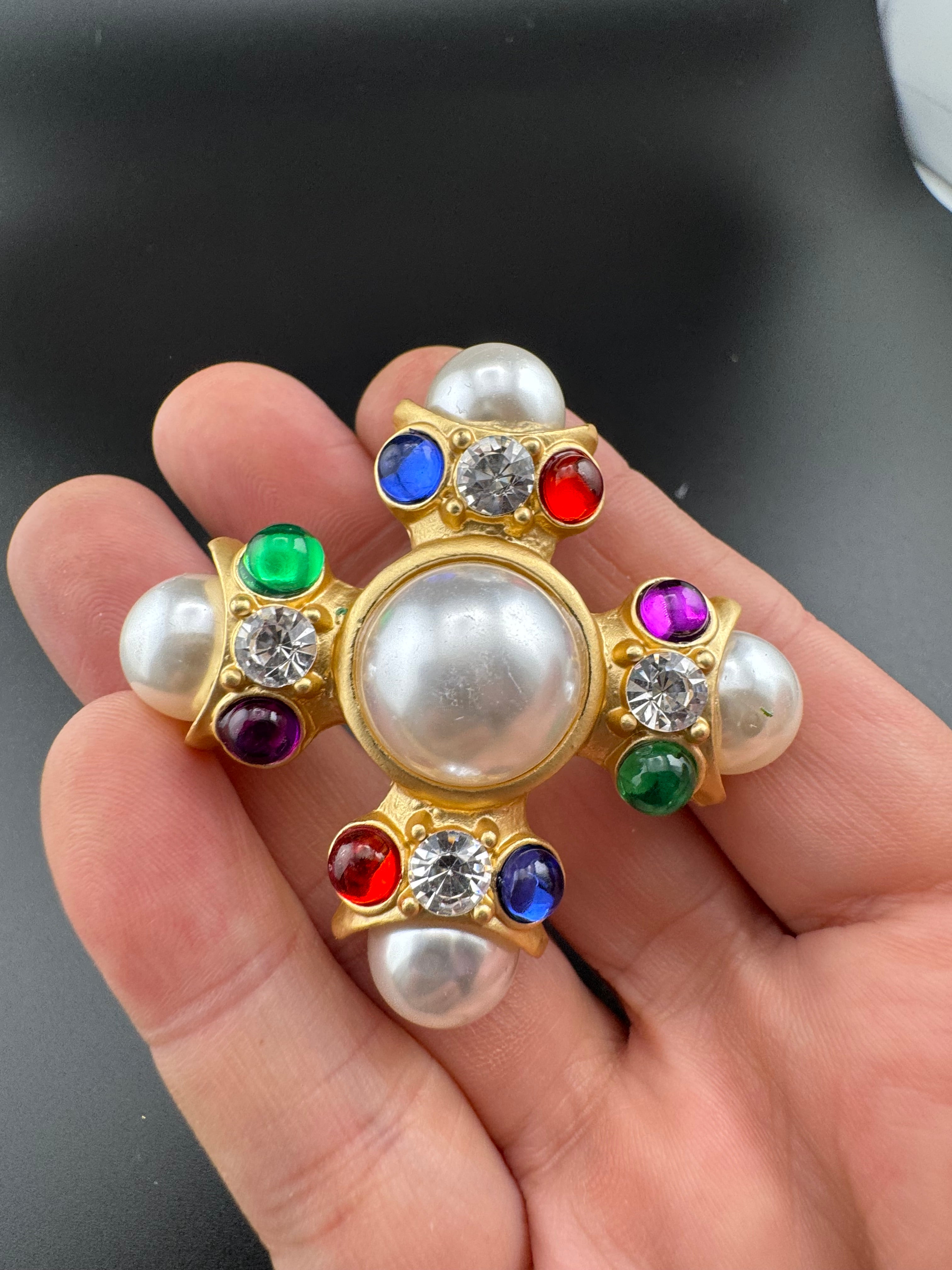 Large diamanté pearl Maltese cross brooch and pendant