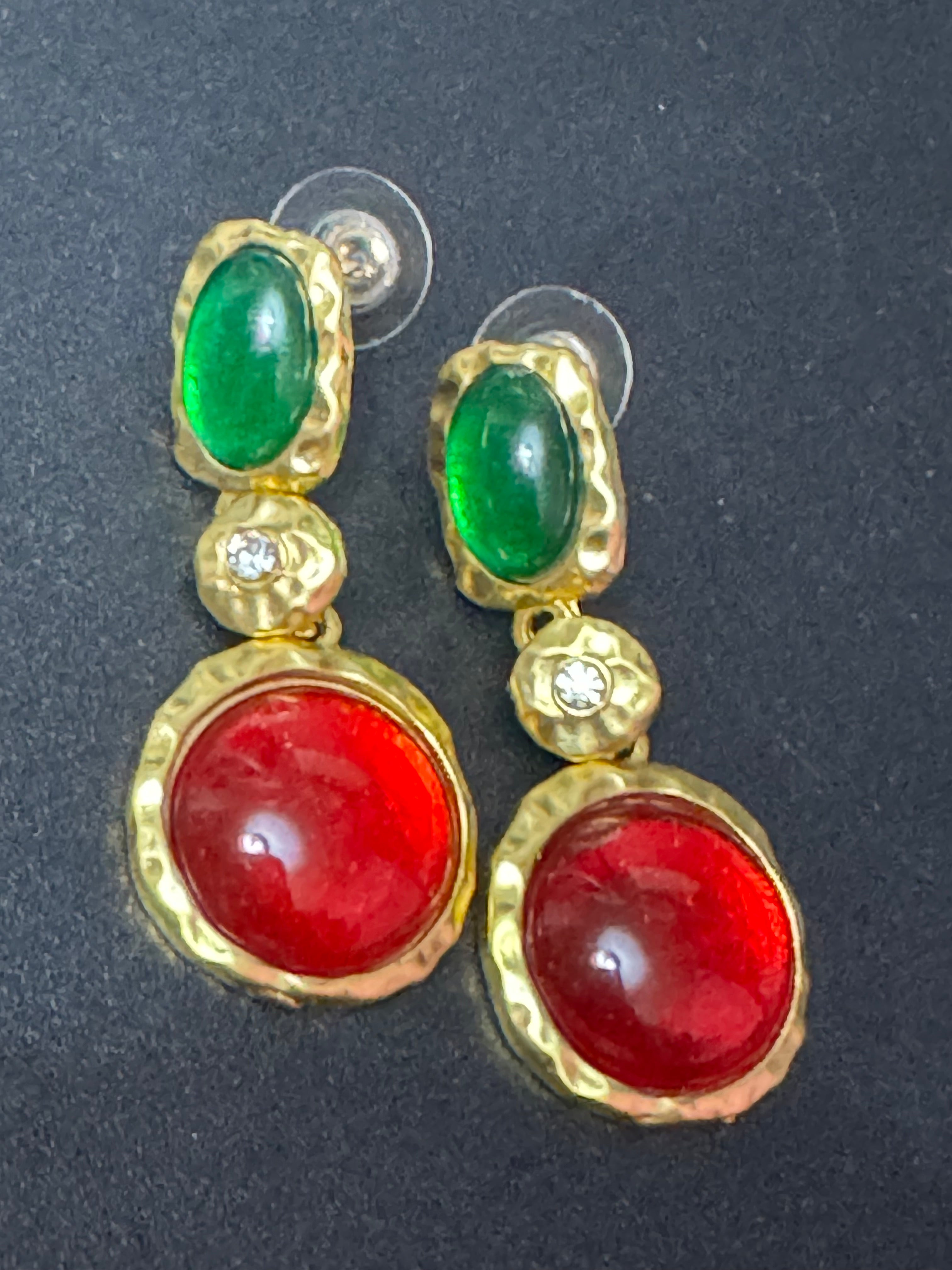 Matt gold tone Gripoix style crystal red and green cabochon earrings pierced