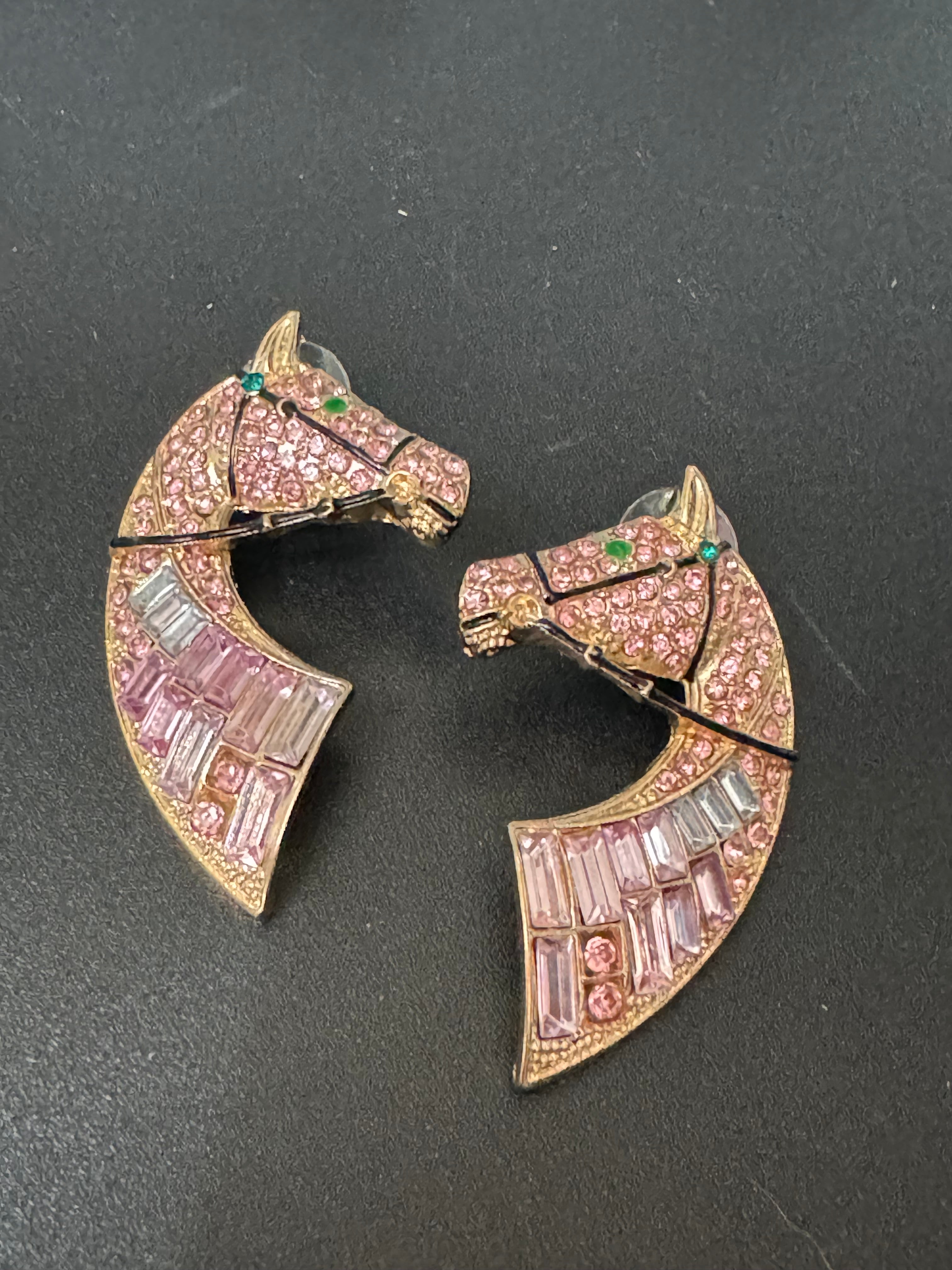 Oversized novelty horse head earrings pink crystal baguette diamanté pierced studs