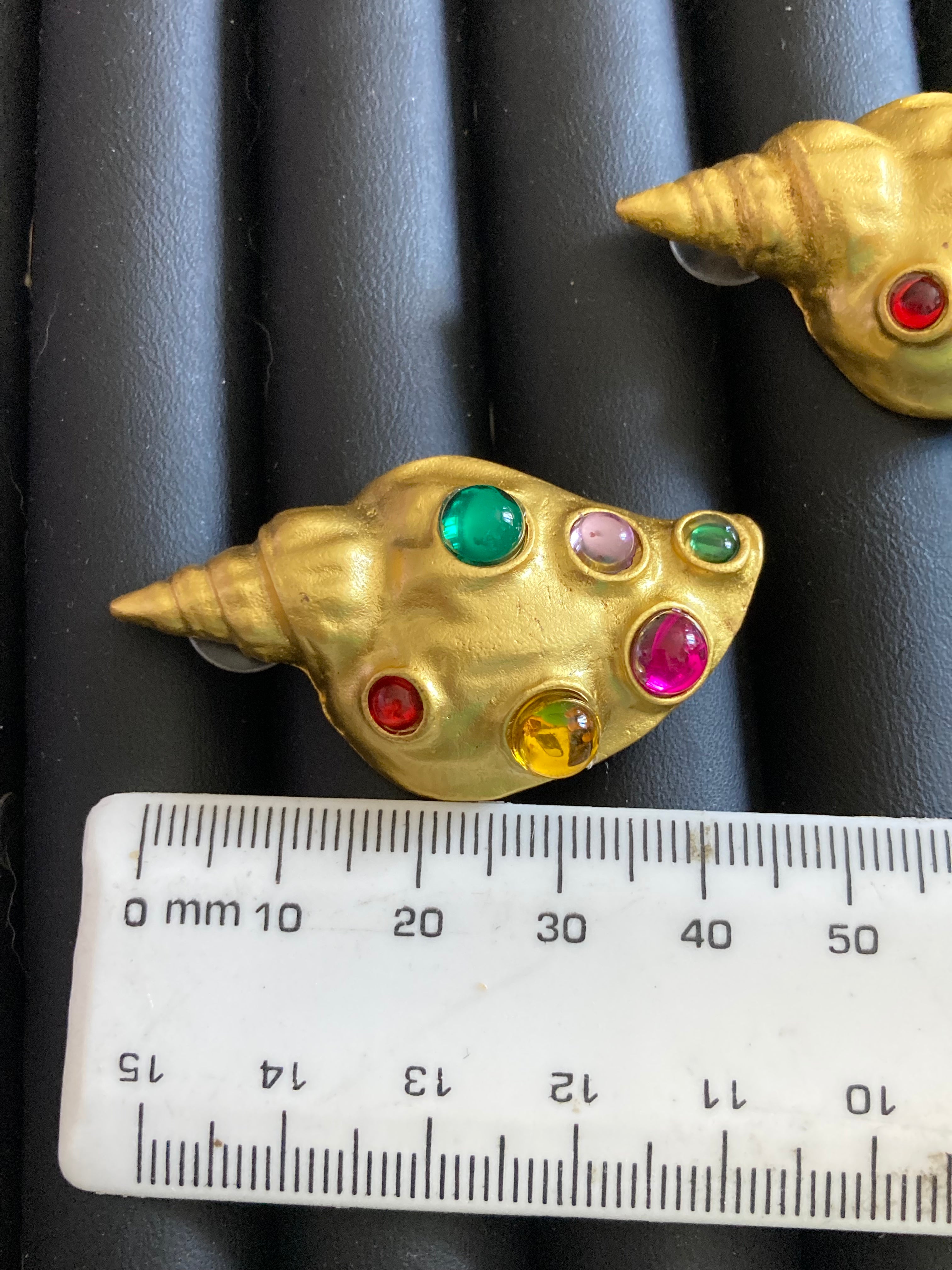 Oversized gold tone shell nautical earrings with rainbow gripoix style cabochon pierced