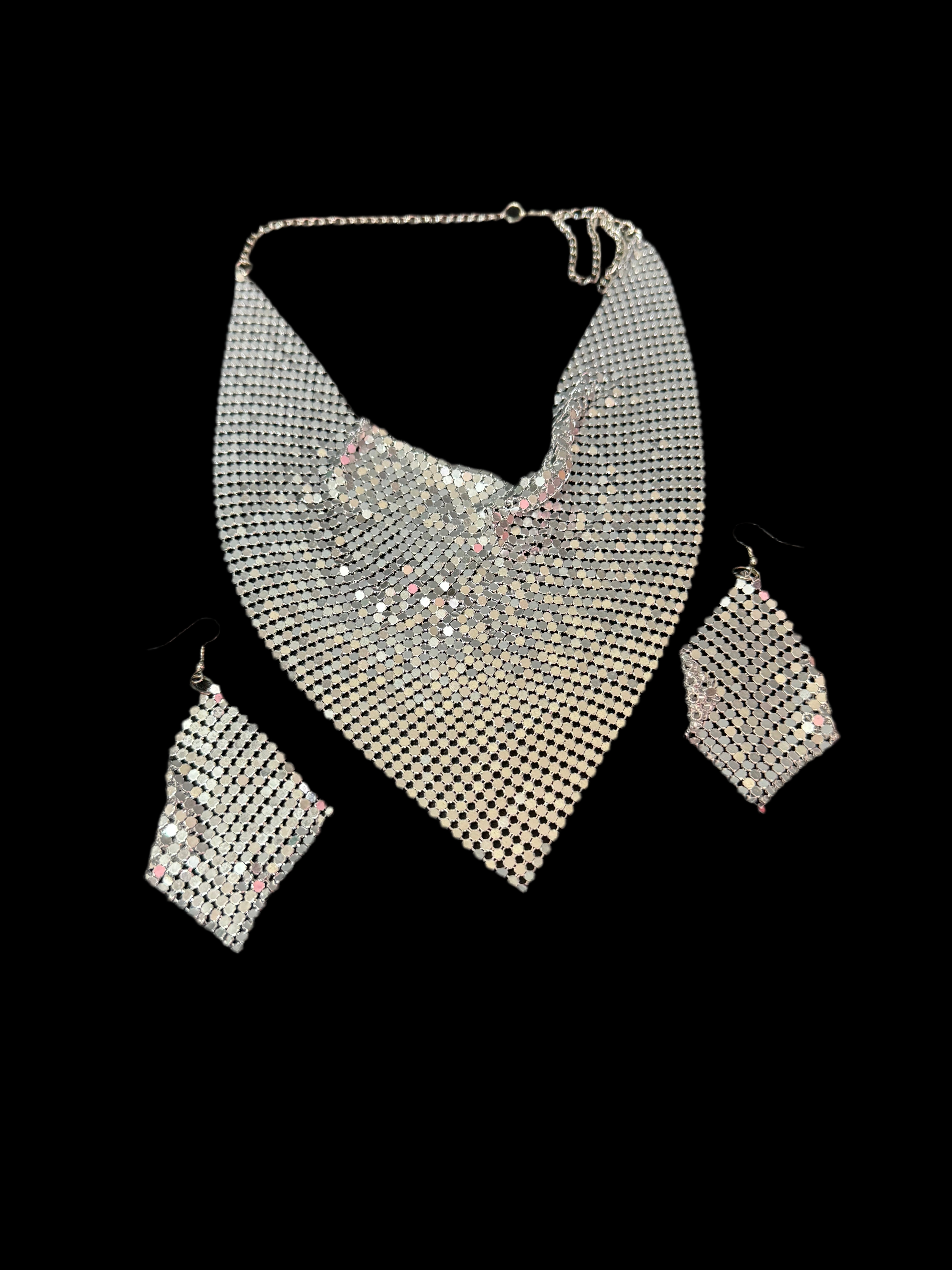 Gold silver or black mesh bib choker necklace and matching earrings Disco jewellery