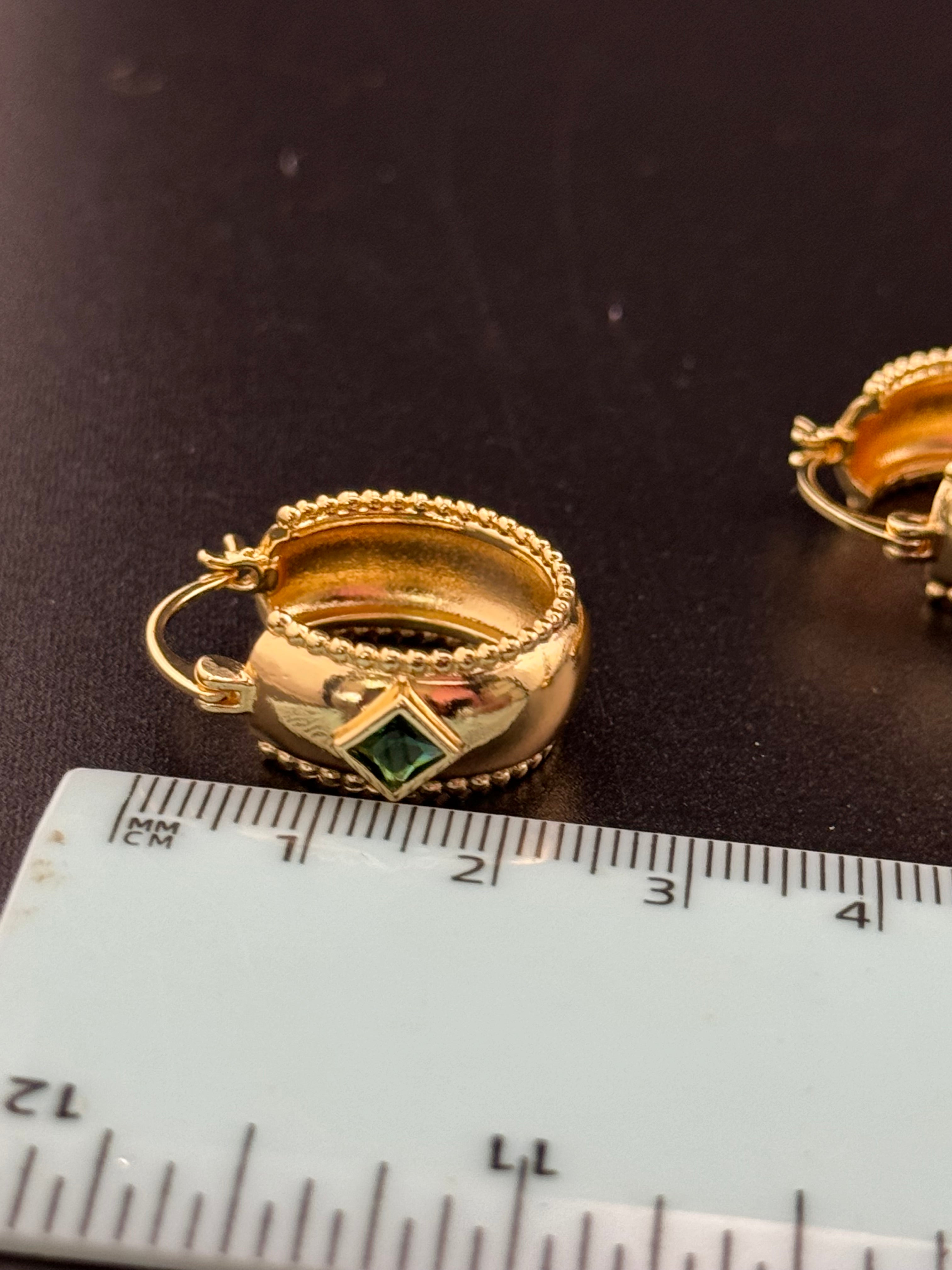 Wide crystal gold hoop earrings with pink emerald and tourmaline crystals