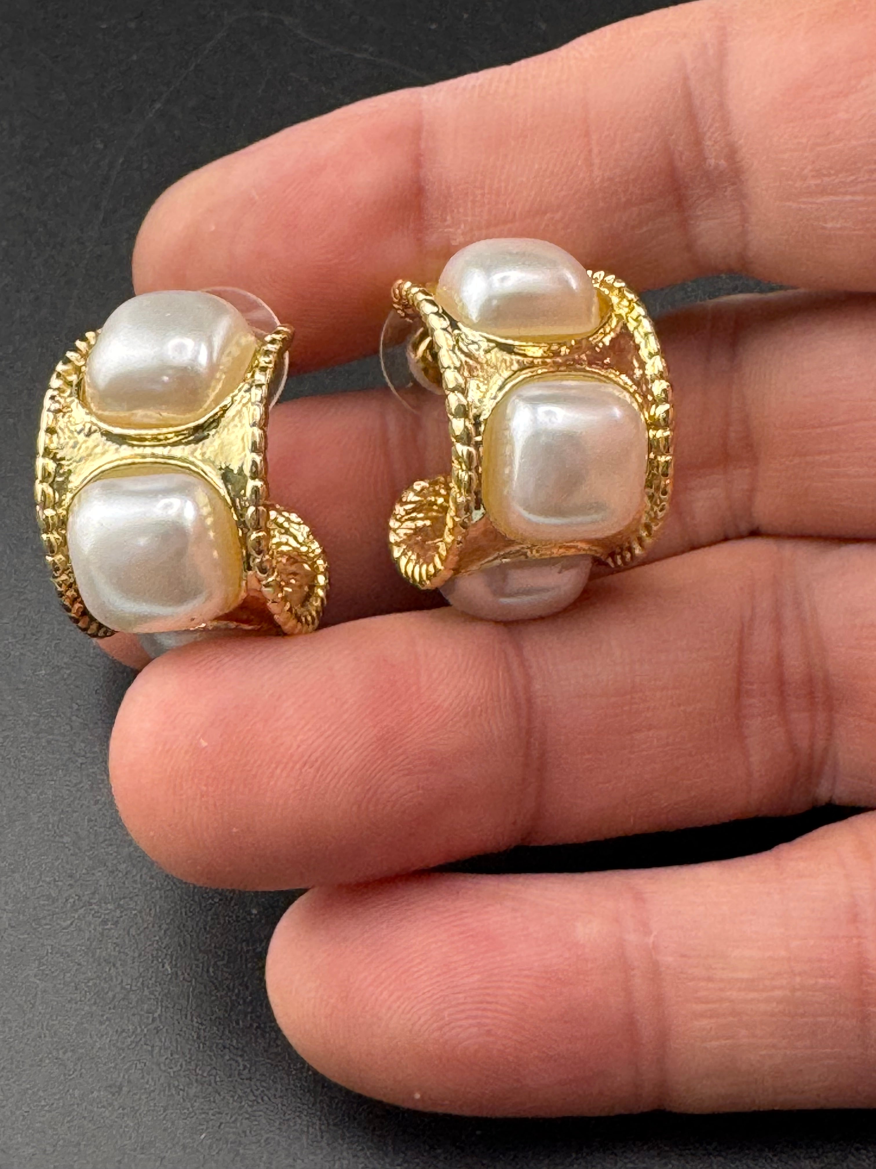 Etruscan style pearl wide hoop earrings