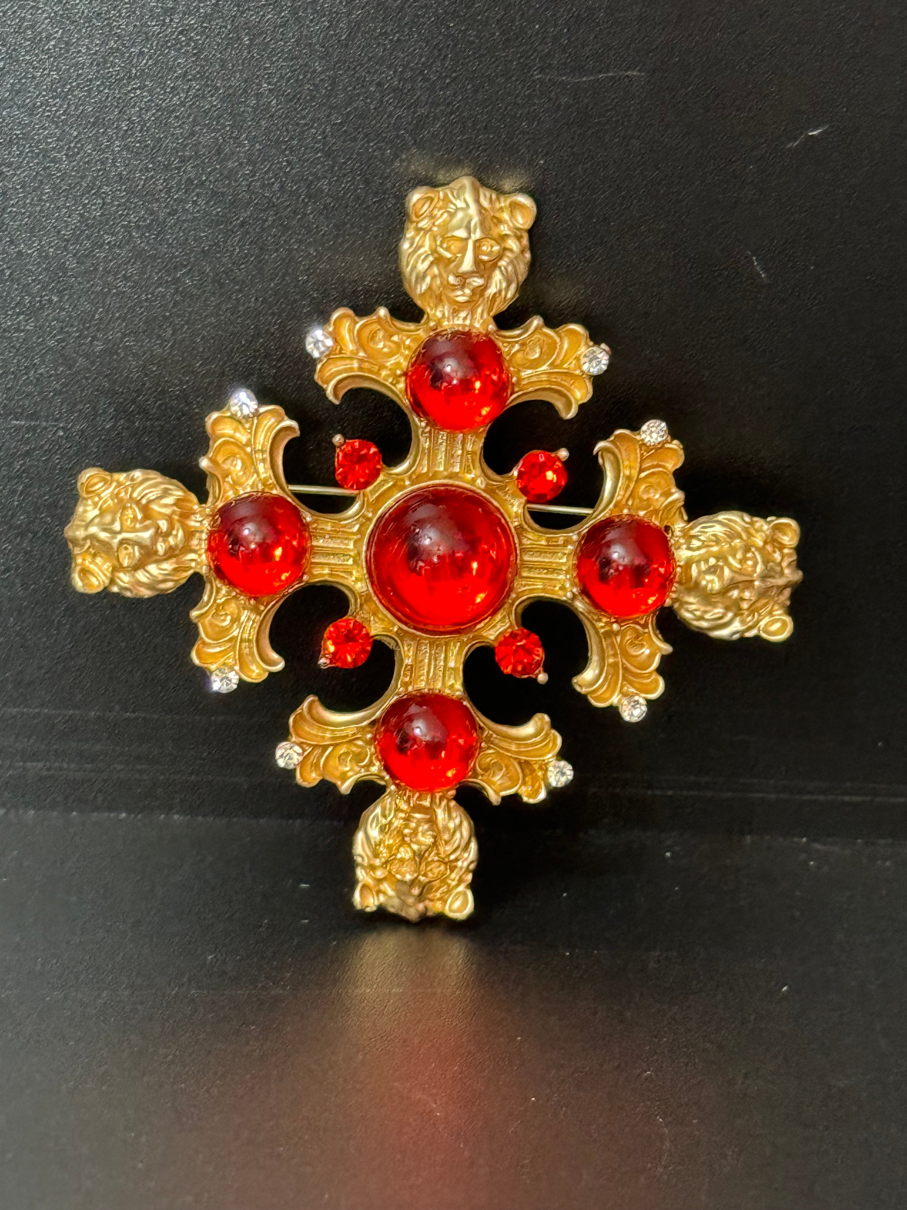 Medieval style Large faux red ruby cabochon matt gold lions head oversized cross brooch