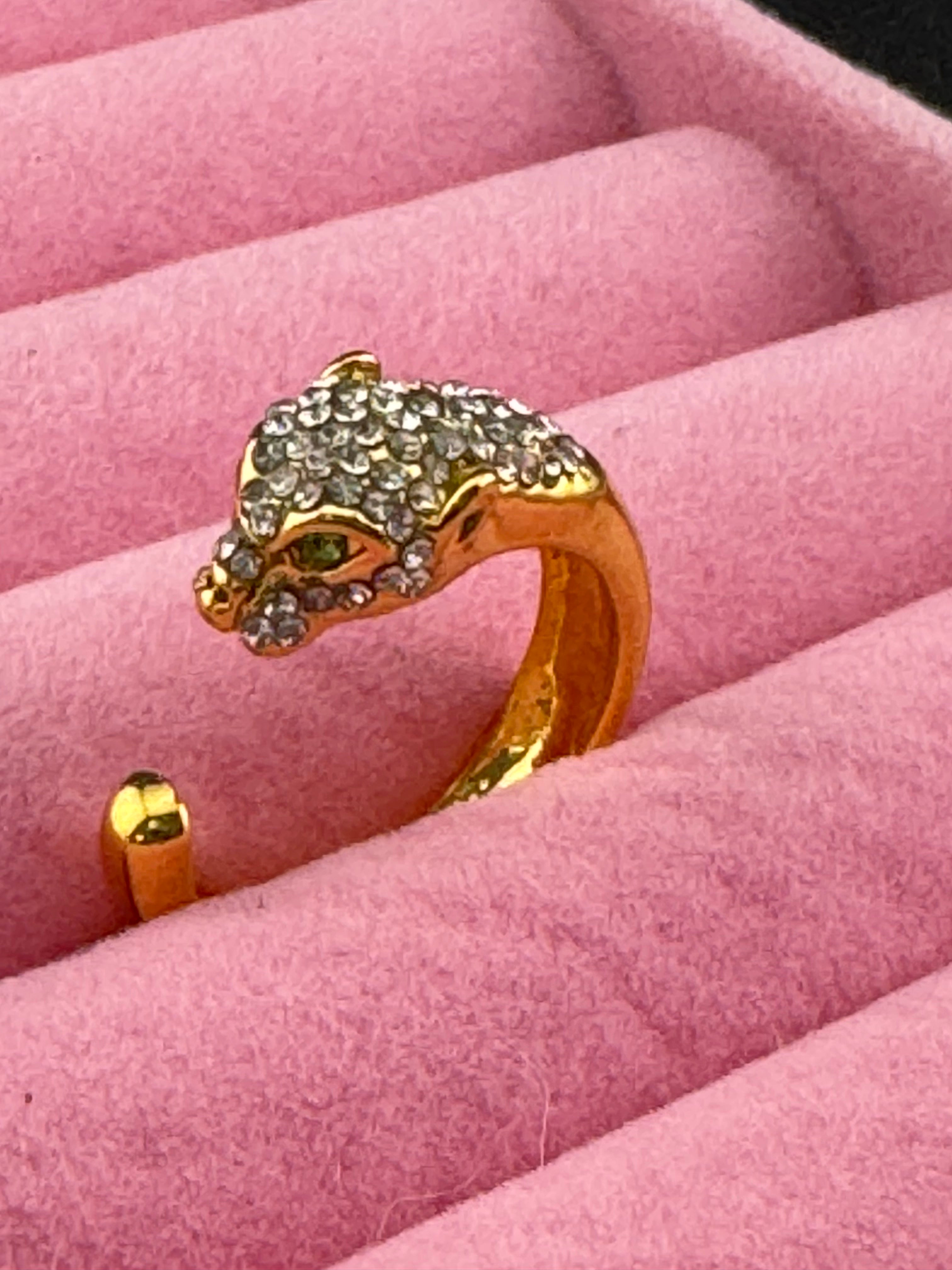 Crystal diamanté Gold plated big cat leopard adjustable ring