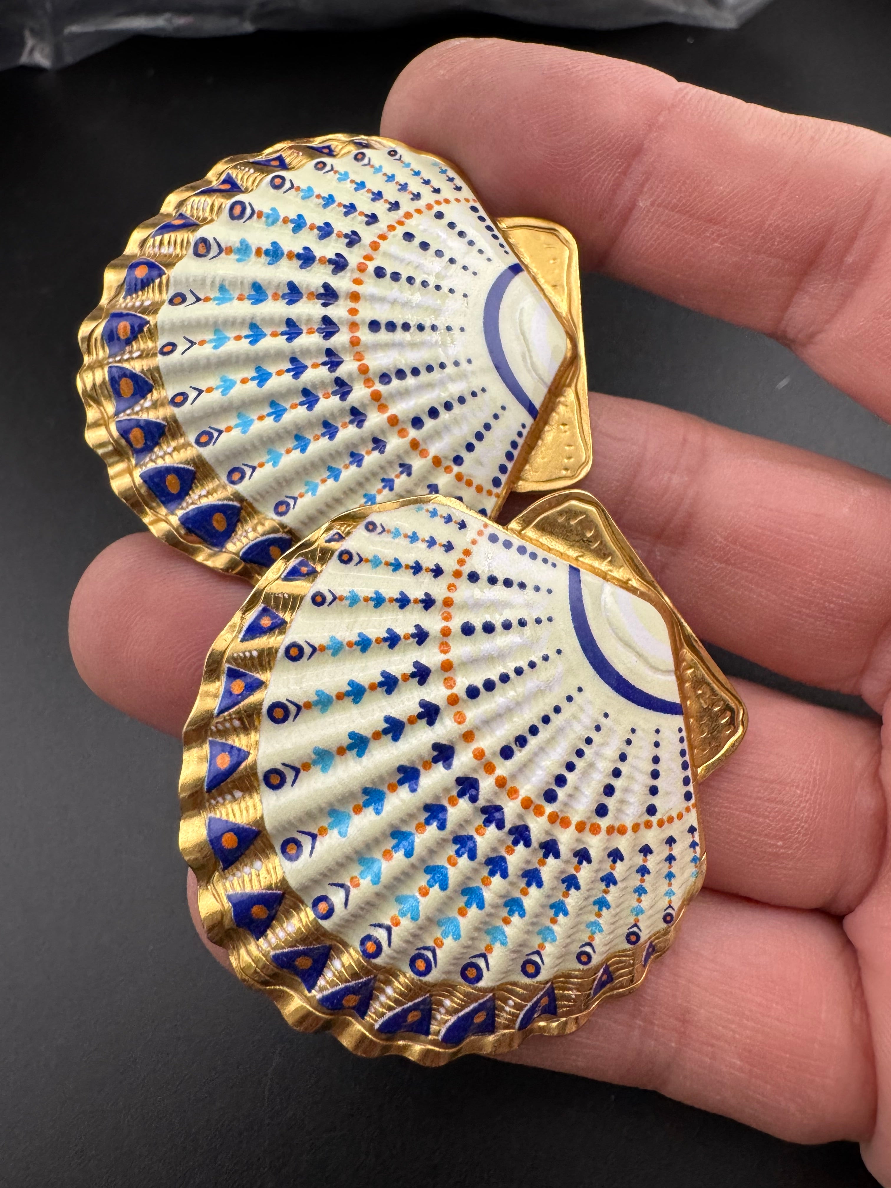 Oversized sea shell enamel earrings for pierced ears turquoise and white