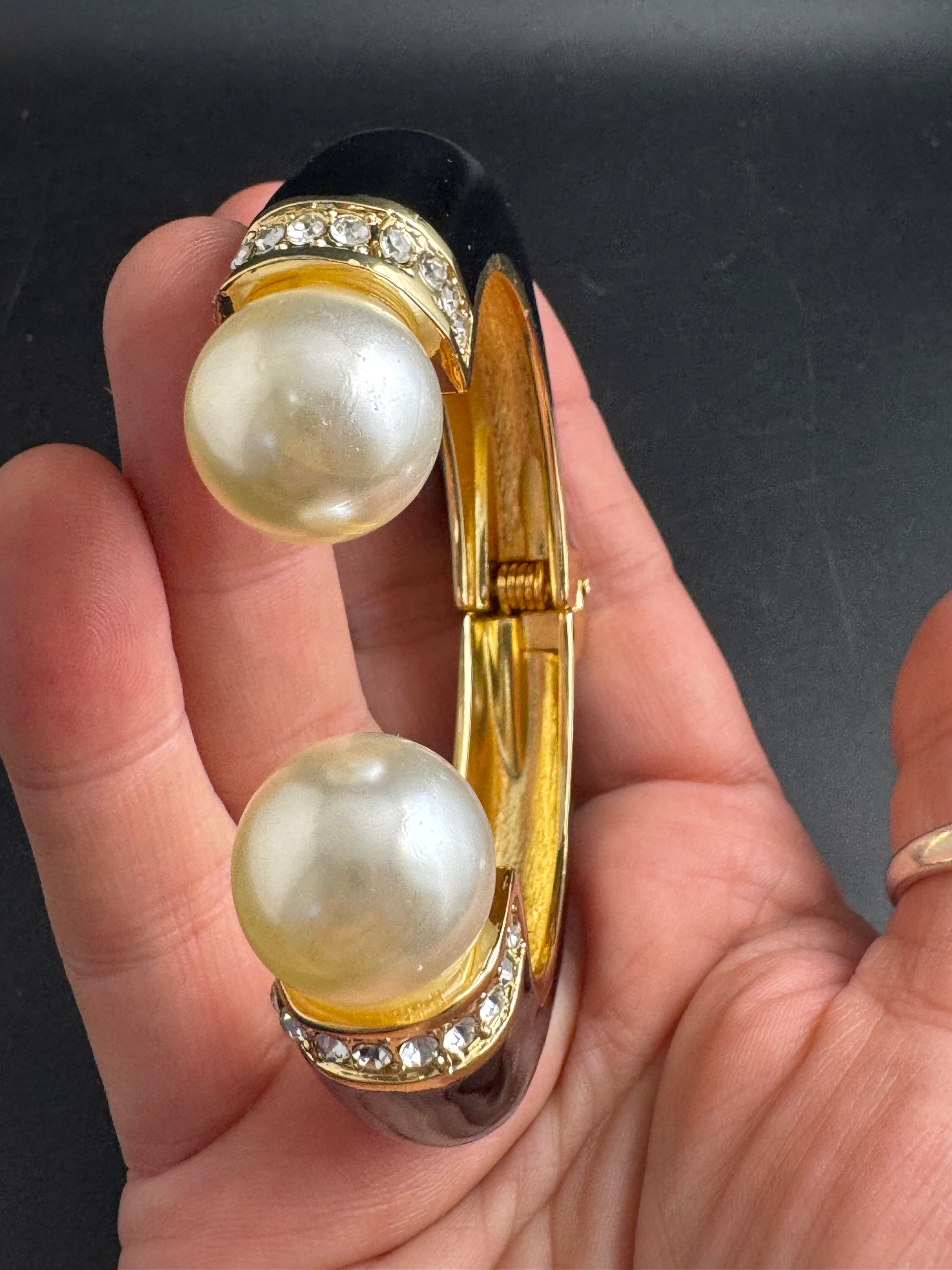 Classic black enamel Crystal clamper Bangle with pearl ball ends