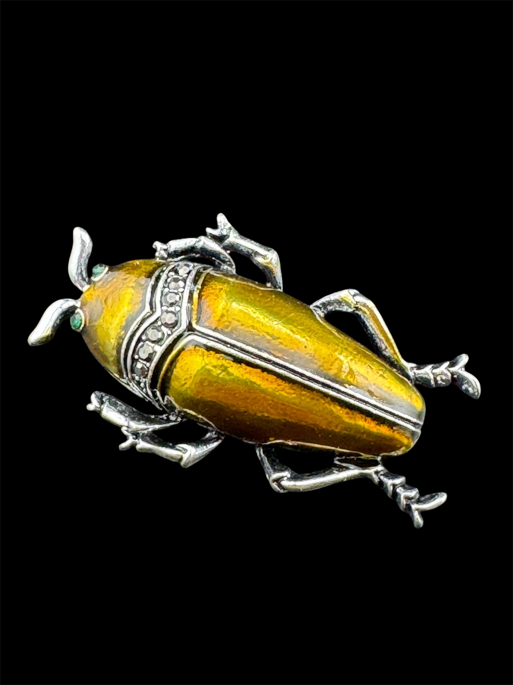 Marcasite beetle brooch, Bronze gold metallic enamel , new bug brooch