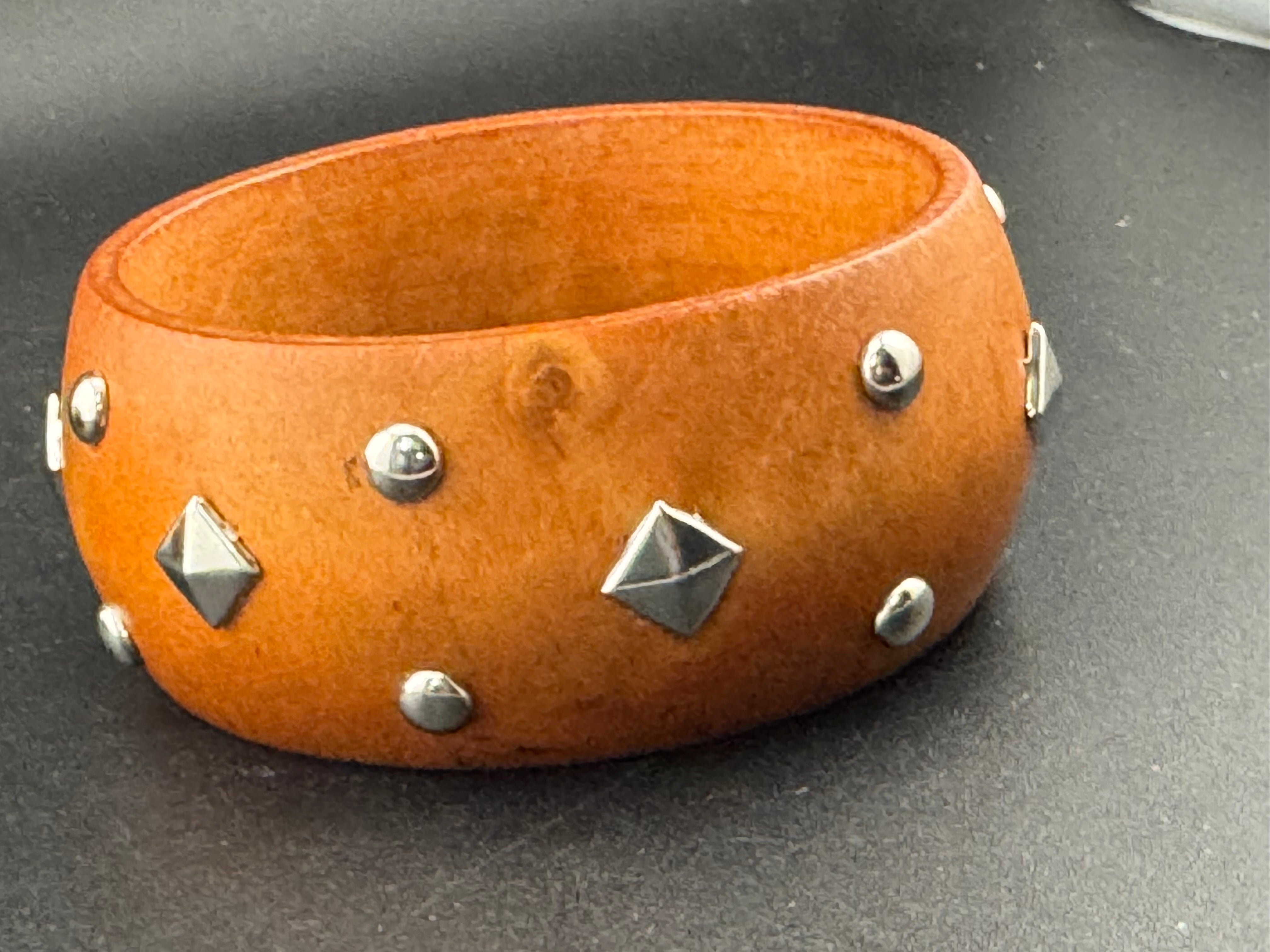 Oversized wide designed silver metal studded wooden bangle