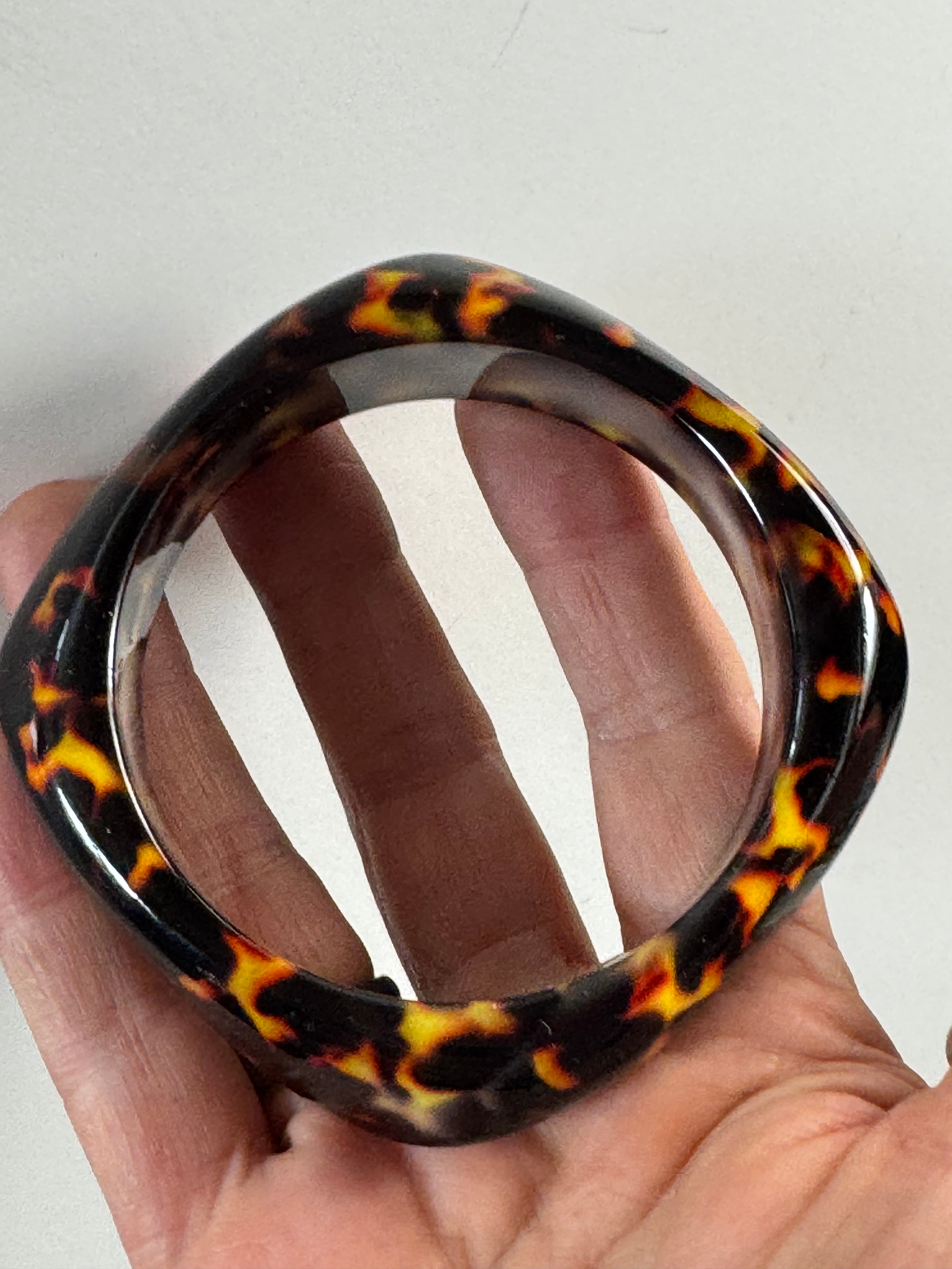 Wide acrylic brown faux tortoiseshell bangle bracelet, leopard print abstract geometric