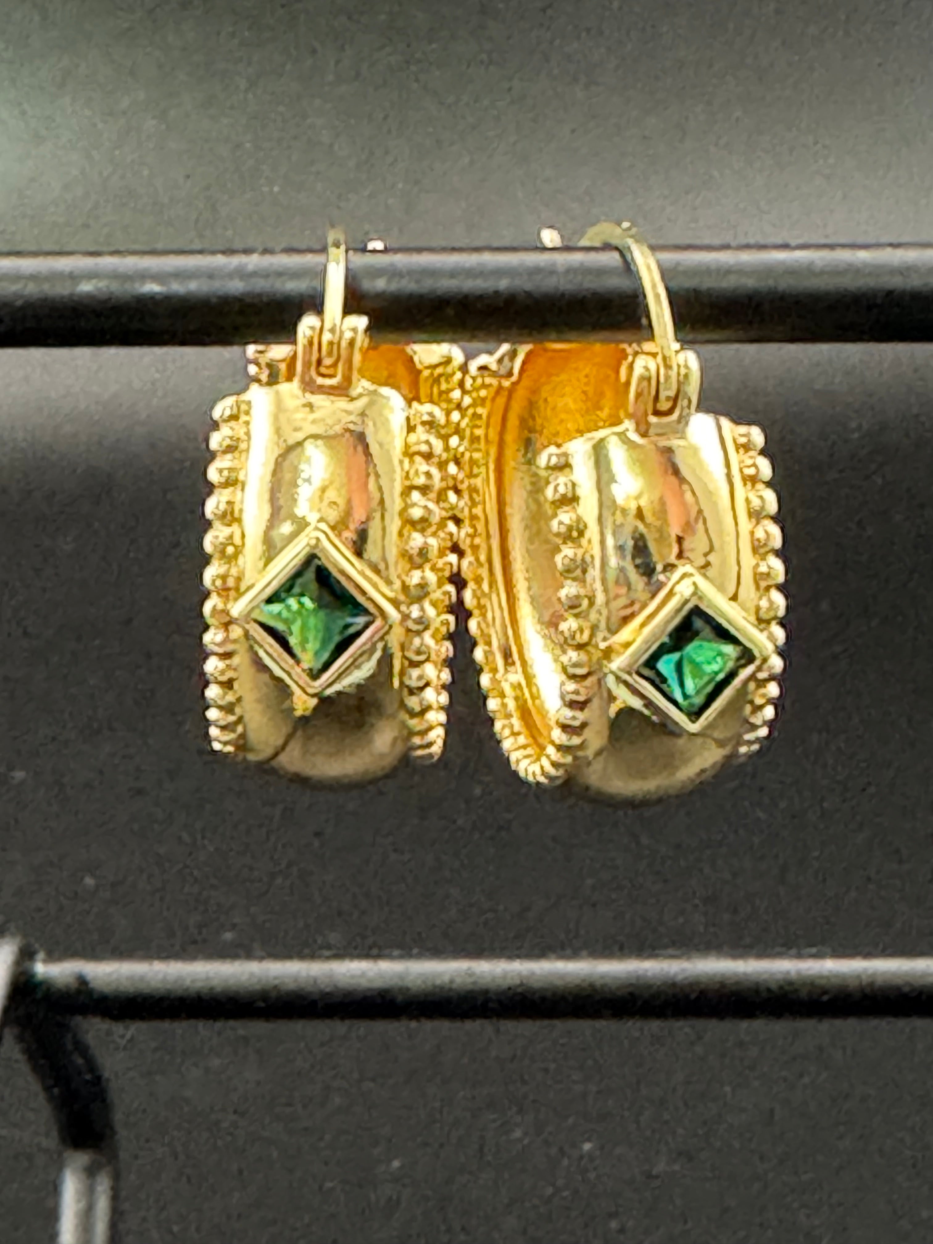 Wide crystal gold hoop earrings with pink emerald and tourmaline crystals