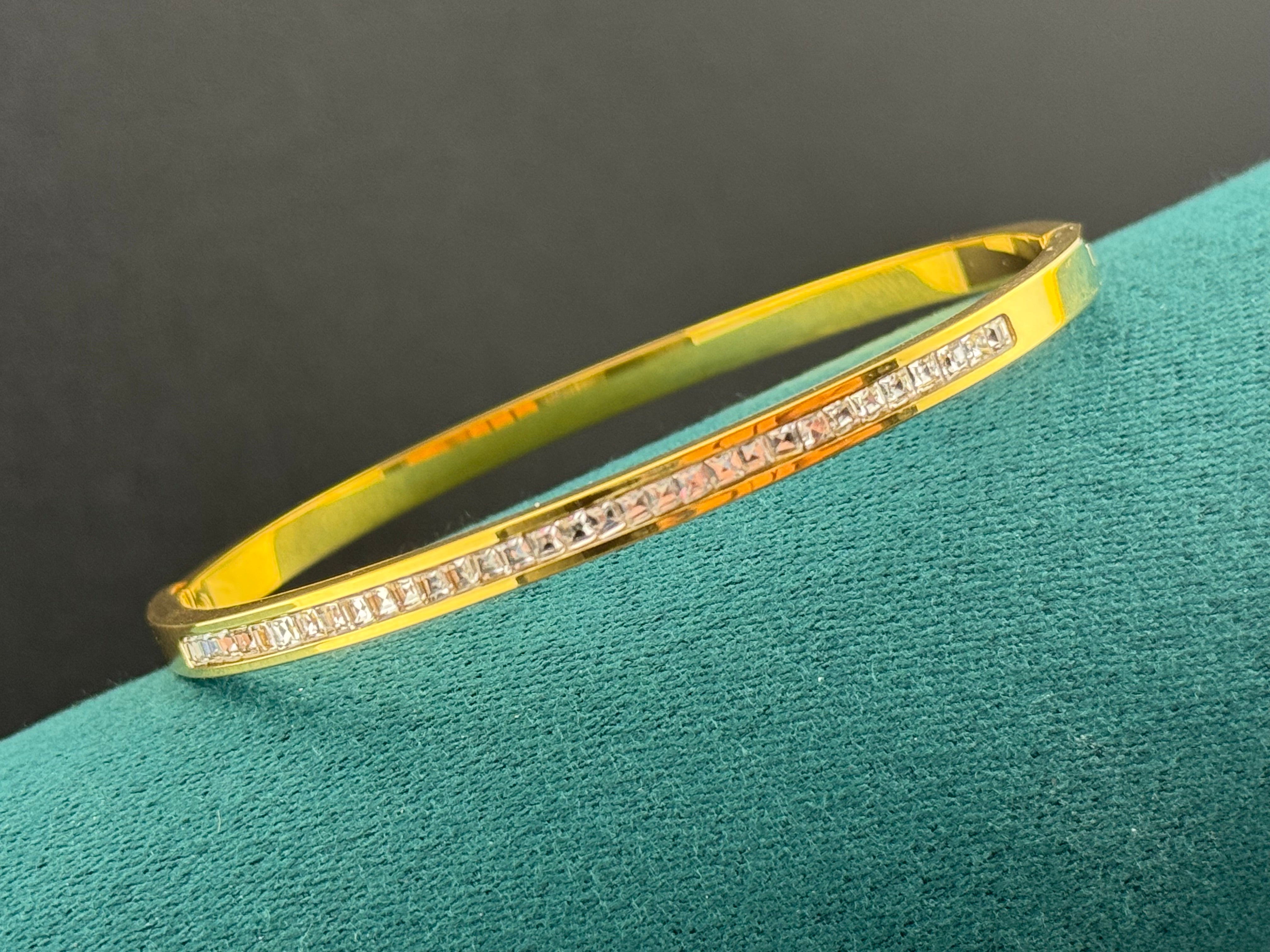 Gold plated high end square channel set clear CZ Crystal hinged clamper bangle bracelet