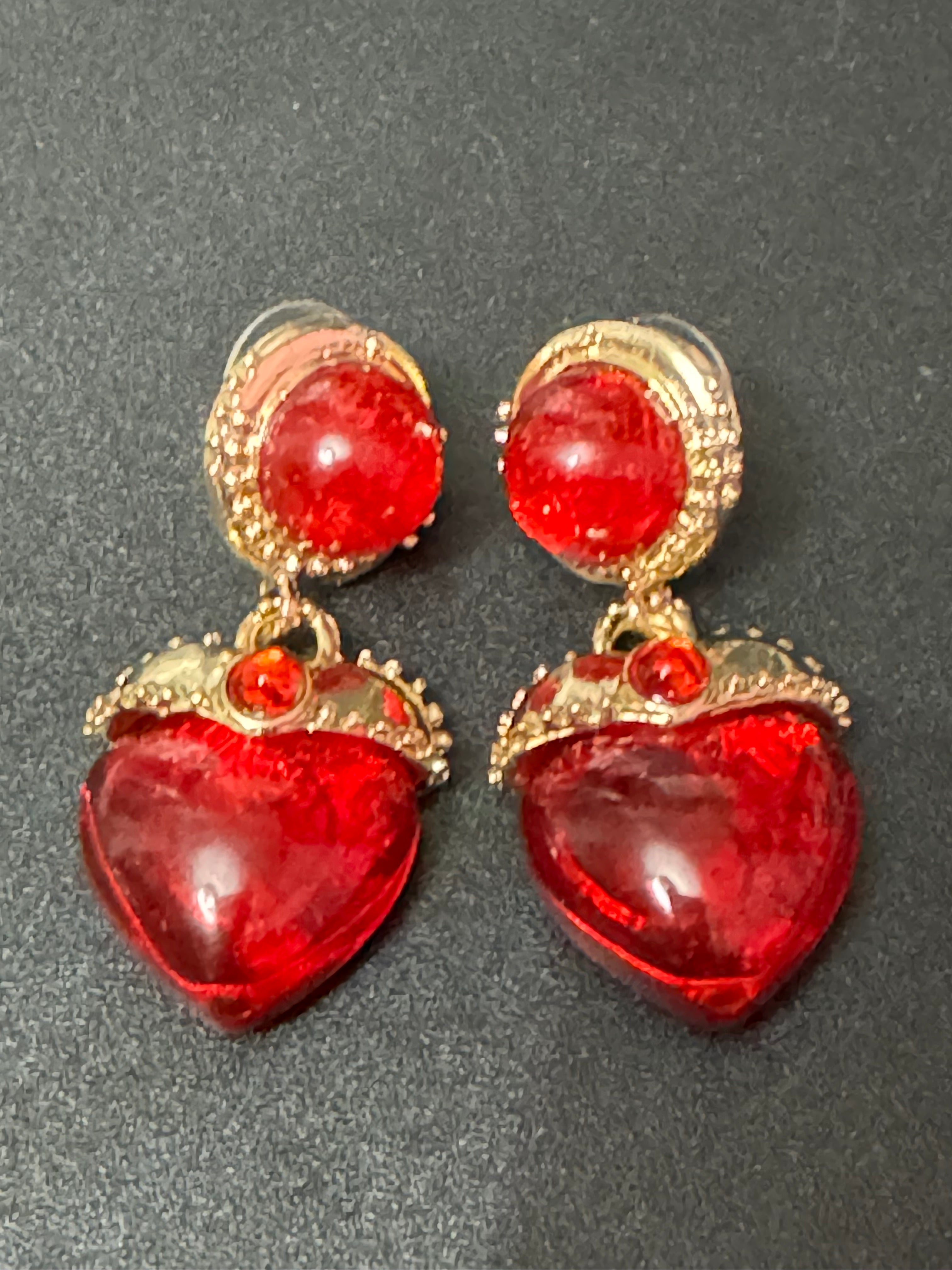 Oversized medieval style ruby red love heart cabochon drop earrings gold tone