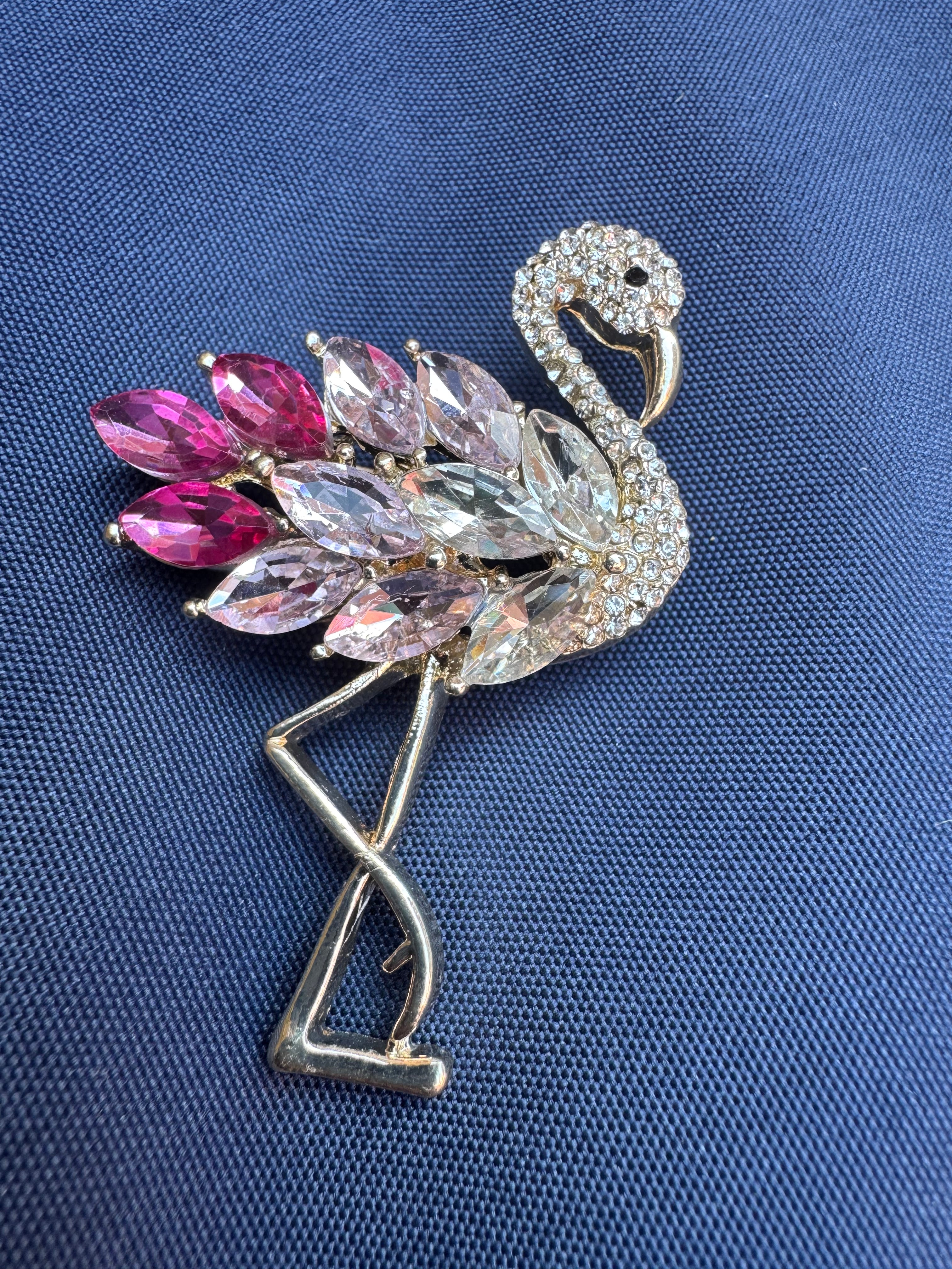 Pink crystal flamingo brooch , silver tone