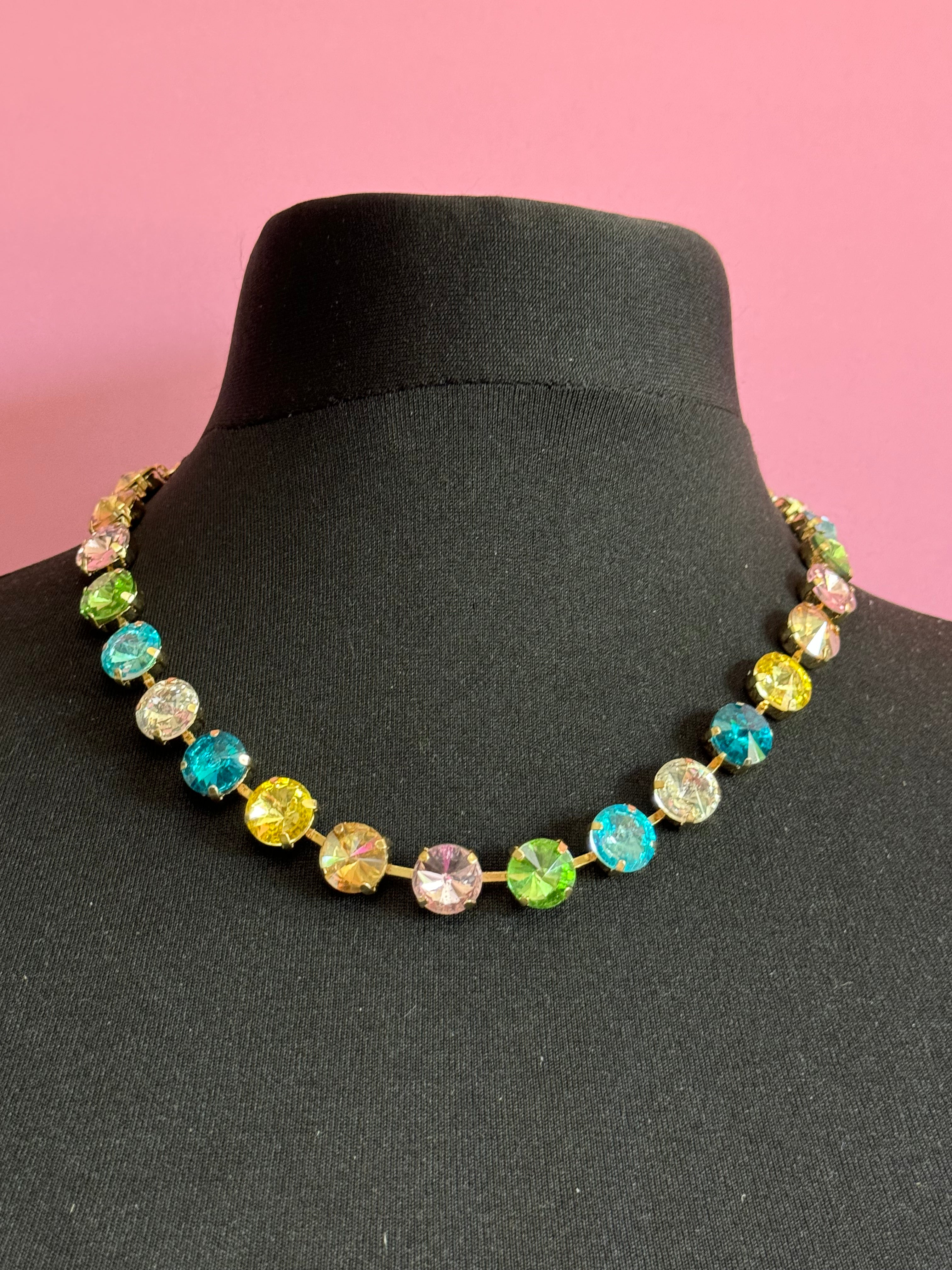 Summer pastels pink yellow blue green crystal diamanté necklace
