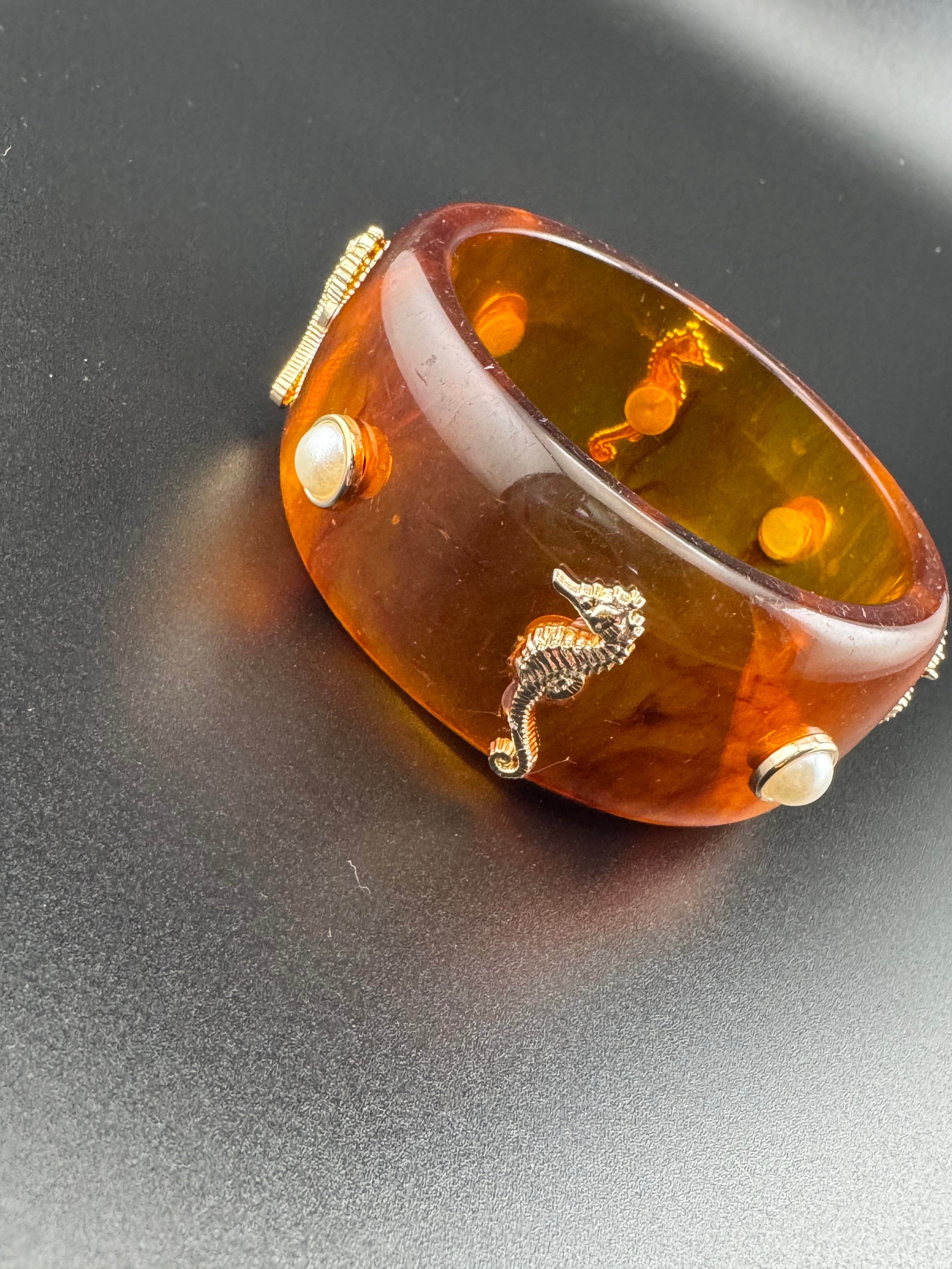 Nautical gold seahorse faux tortoiseshell wide brown acrylic pearl plastic bangle bracelet