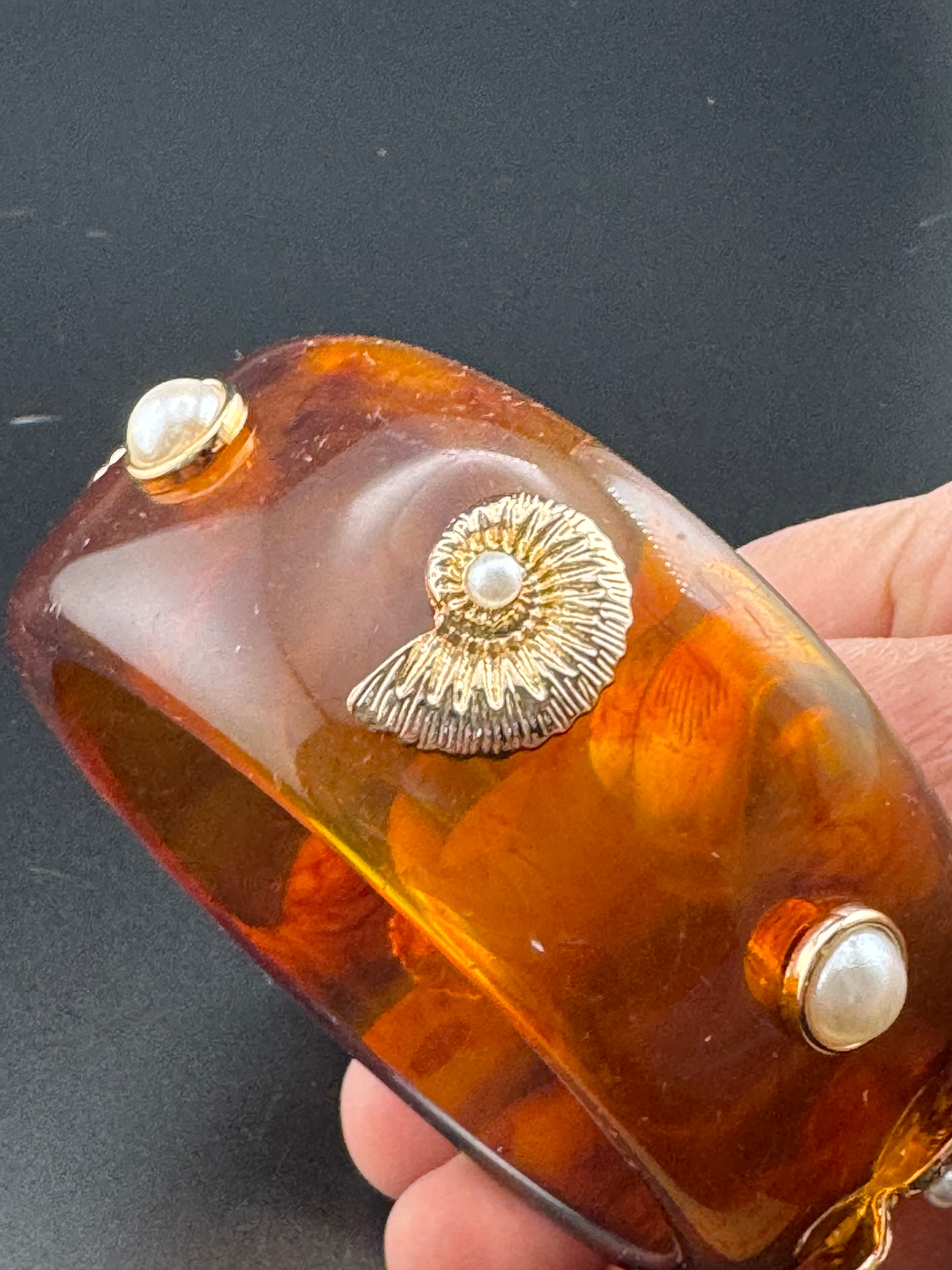 Nautical gold ammonite faux tortoiseshell wide brown acrylic pearl plastic bangle bracelet