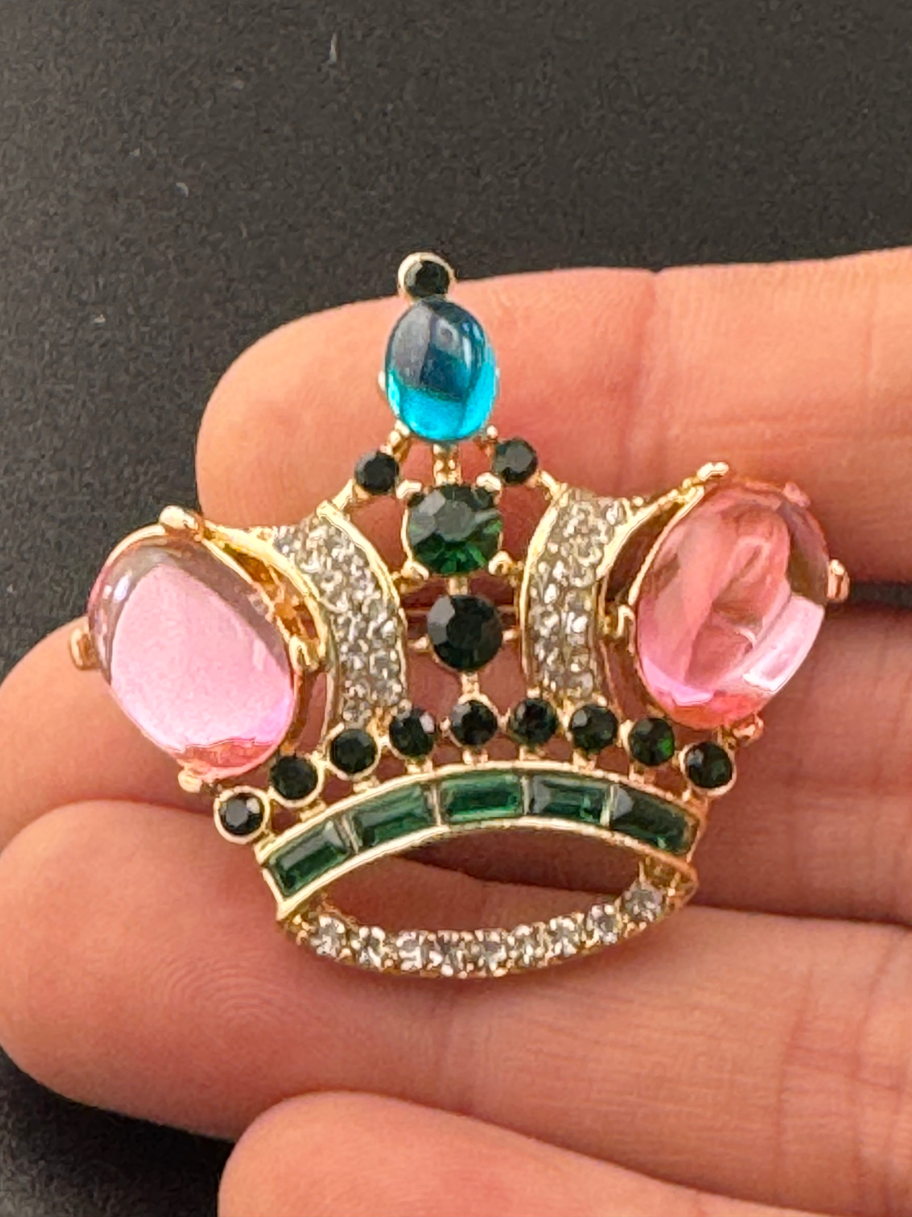 Royal crown brooch set with pink cabochons and coloured rhinestones