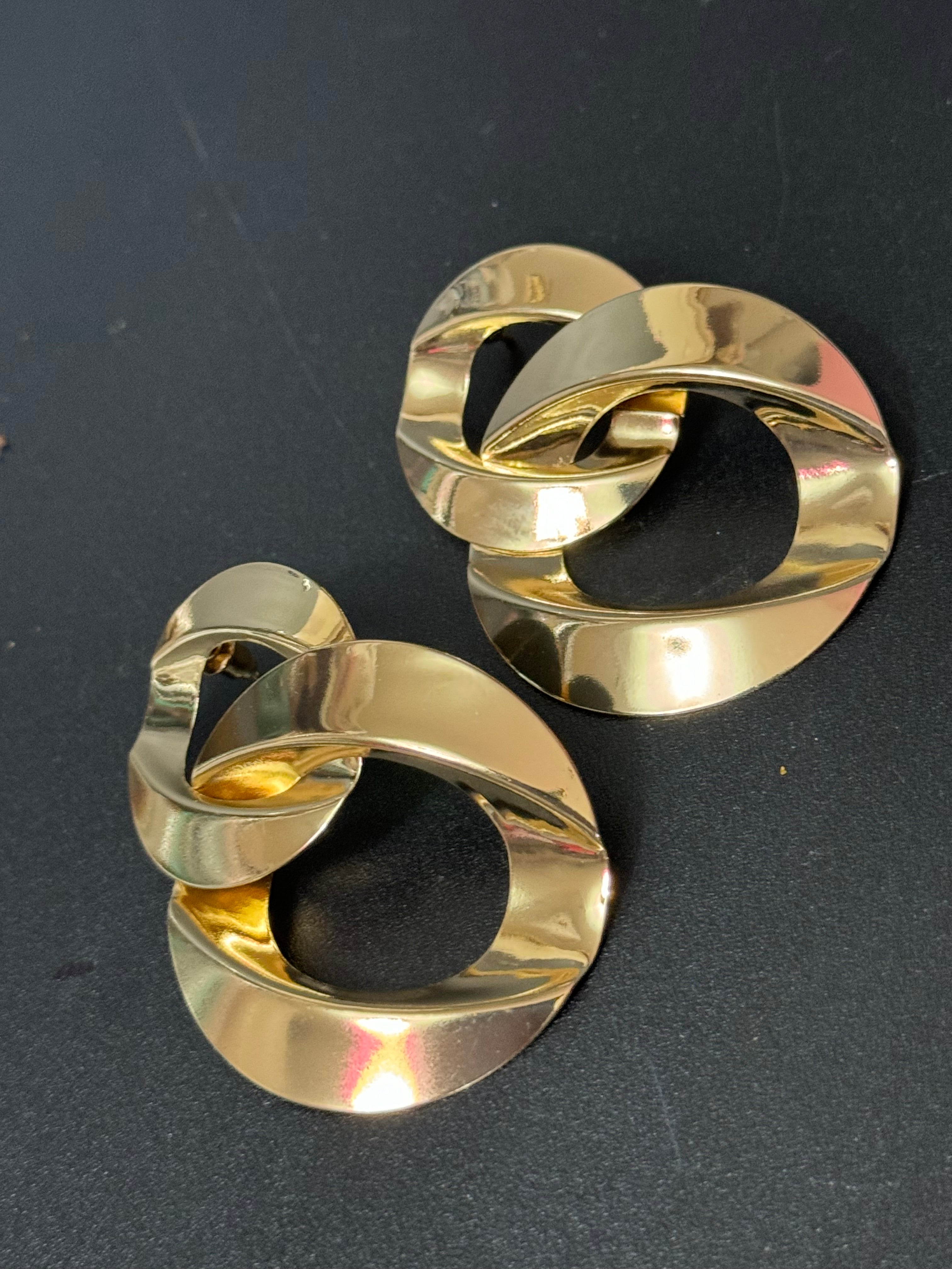 Oversized gold flat chain link drop earrings pierced