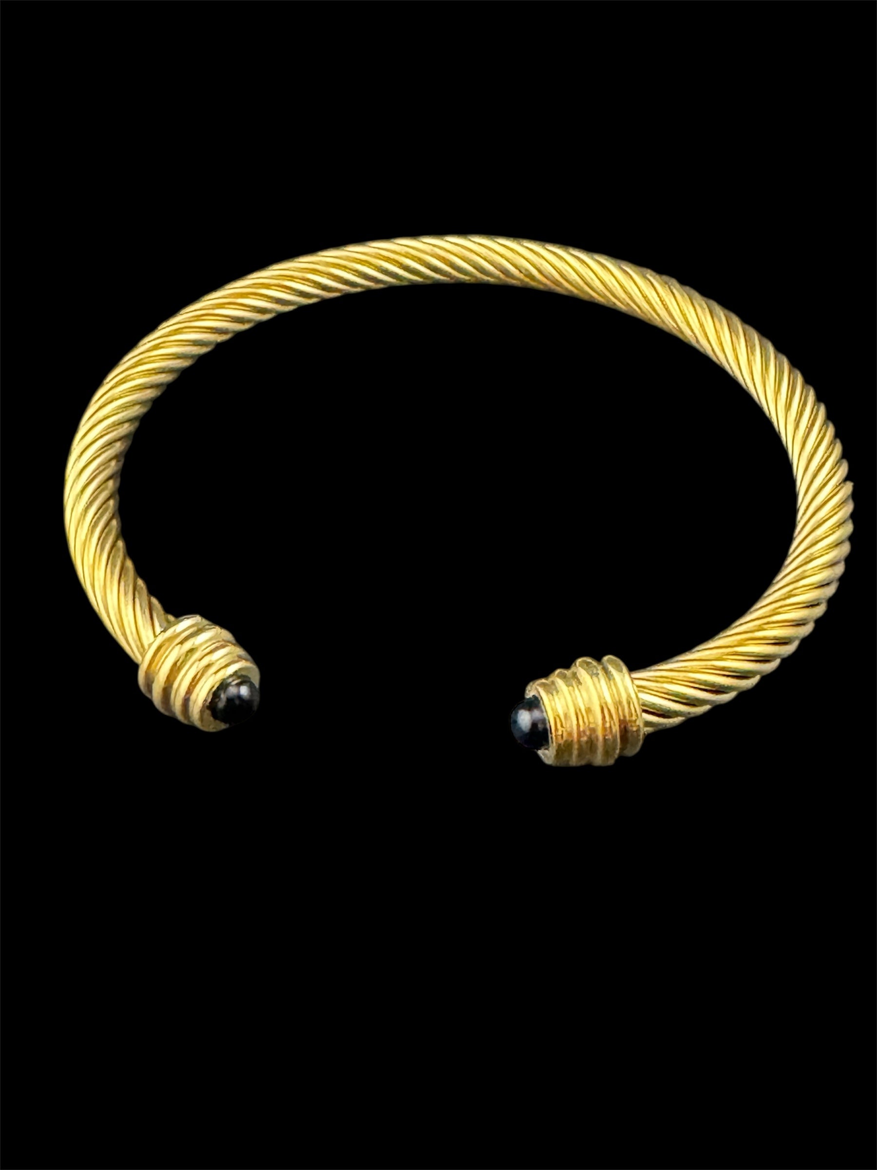 Etruscan style open twisted metal torque slim cuff bangle gold tone with black end cabochon