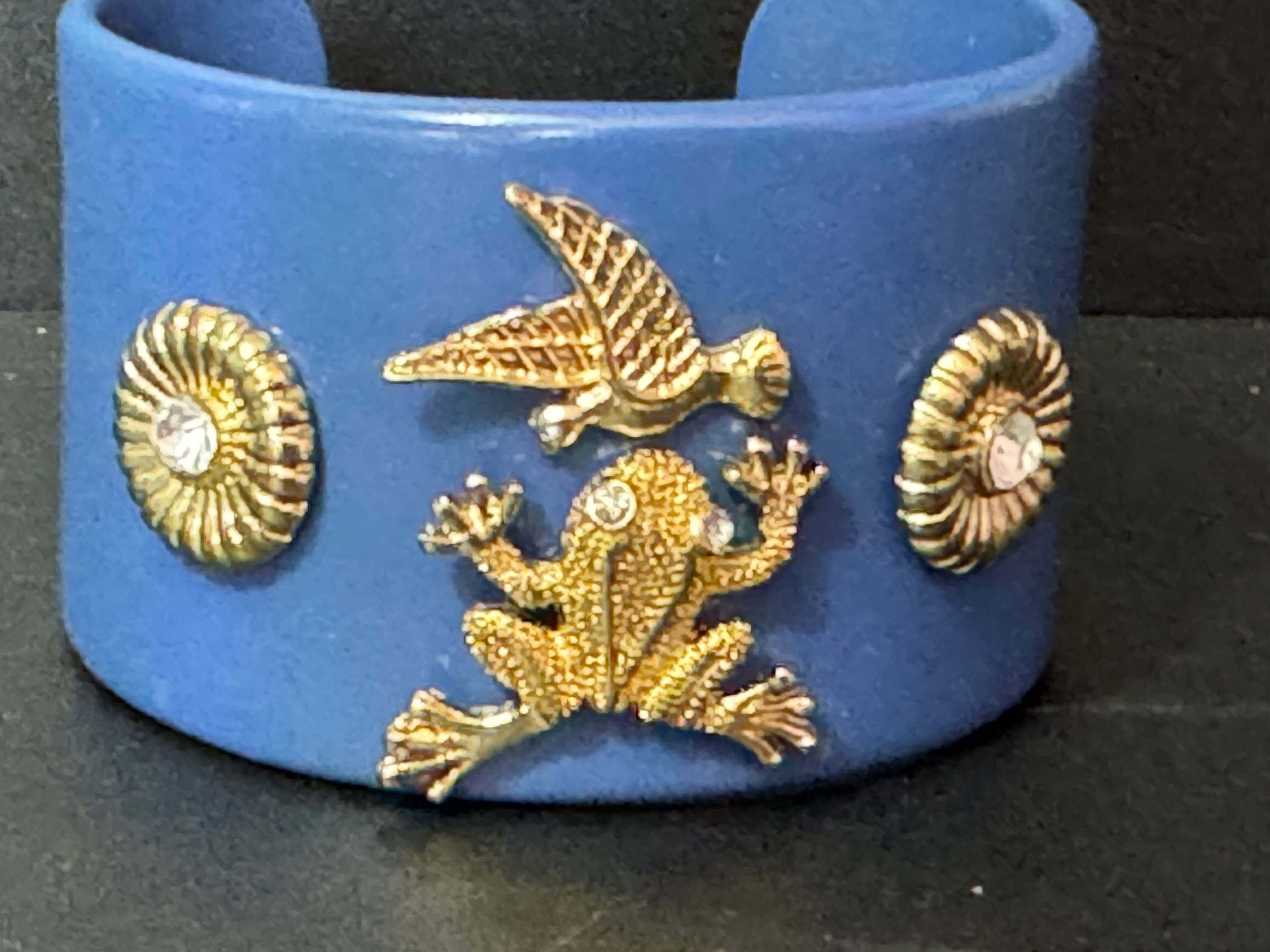 Gold crystal frog ornate Navy blue wide acrylic cuff bangle