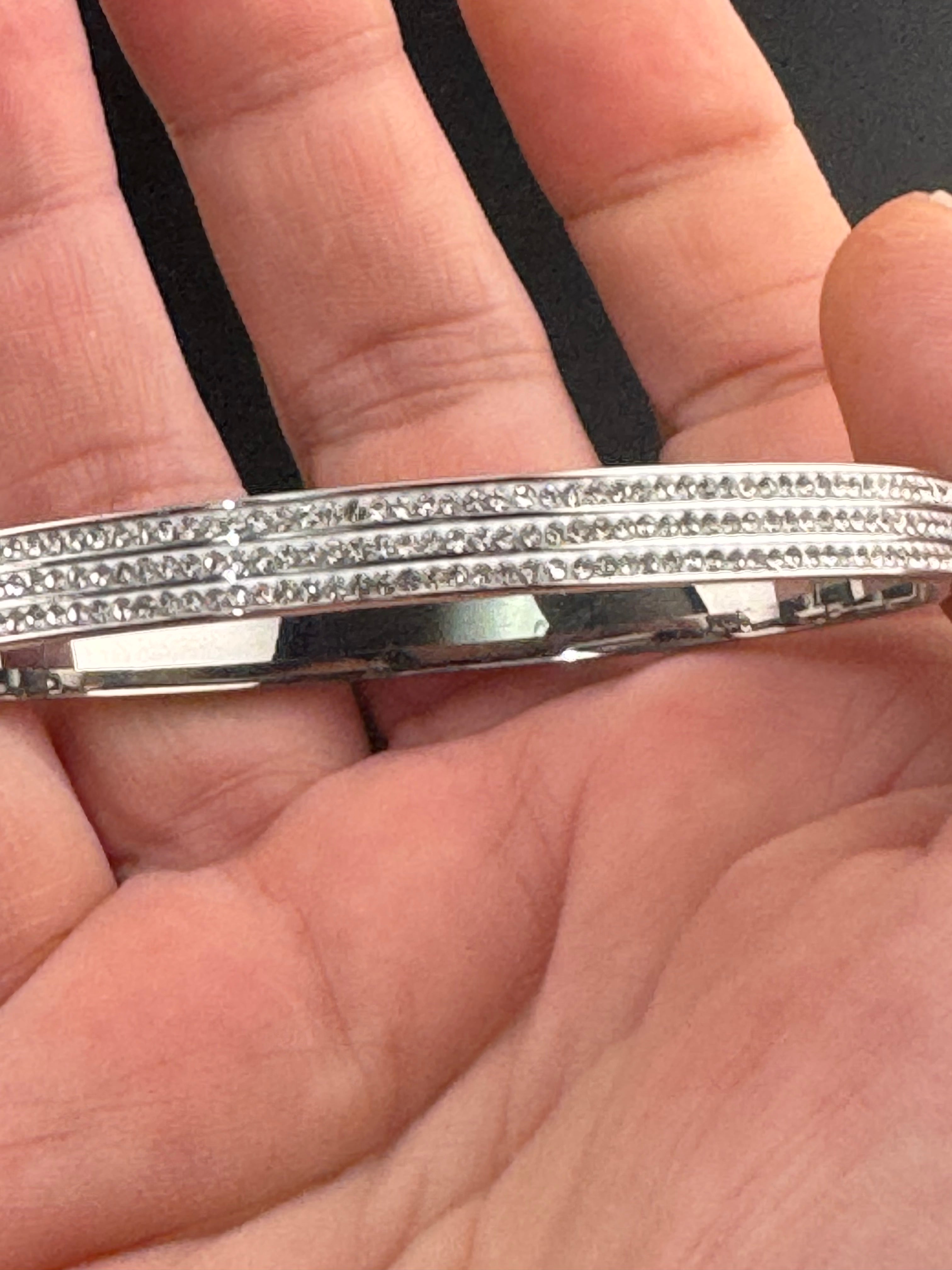 Silver plated high end triple channel set clear CZ Crystal hinged clamper bangle bracelet