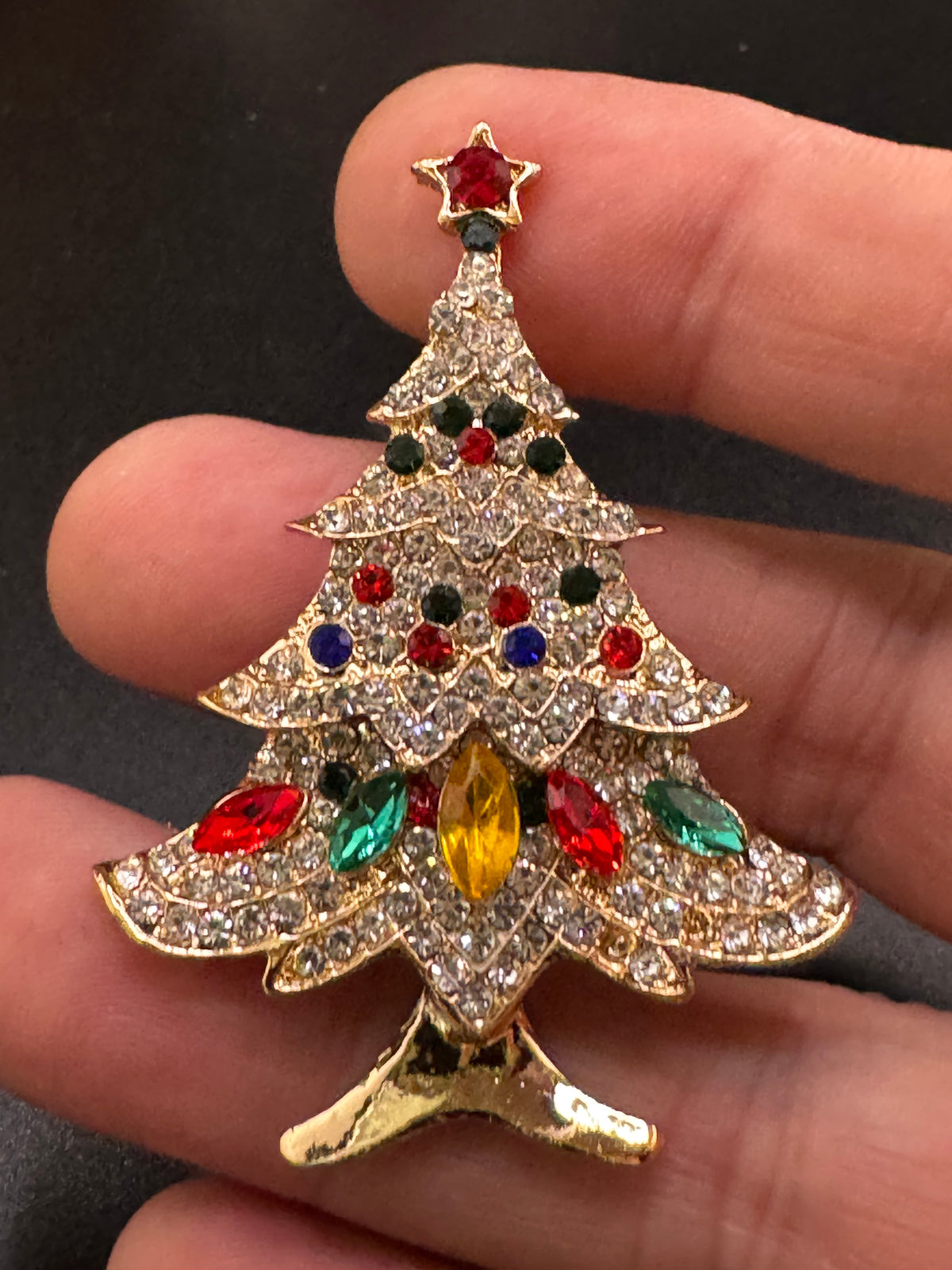 Coloured Rhinestone Christmas tree brooch, gold tone , festive jewellery