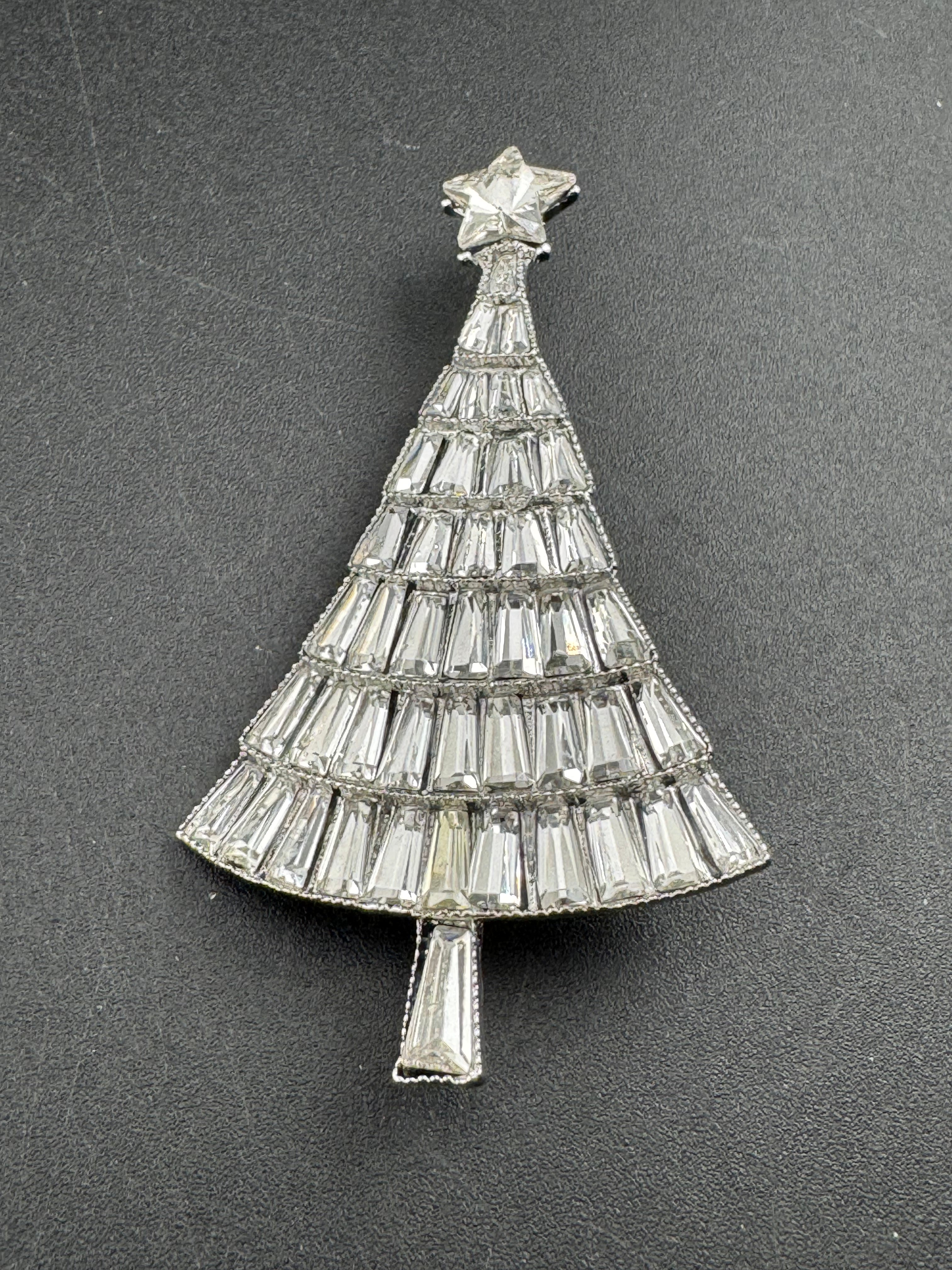 Baguette Crystal diamanté Christmas tree brooch, silver