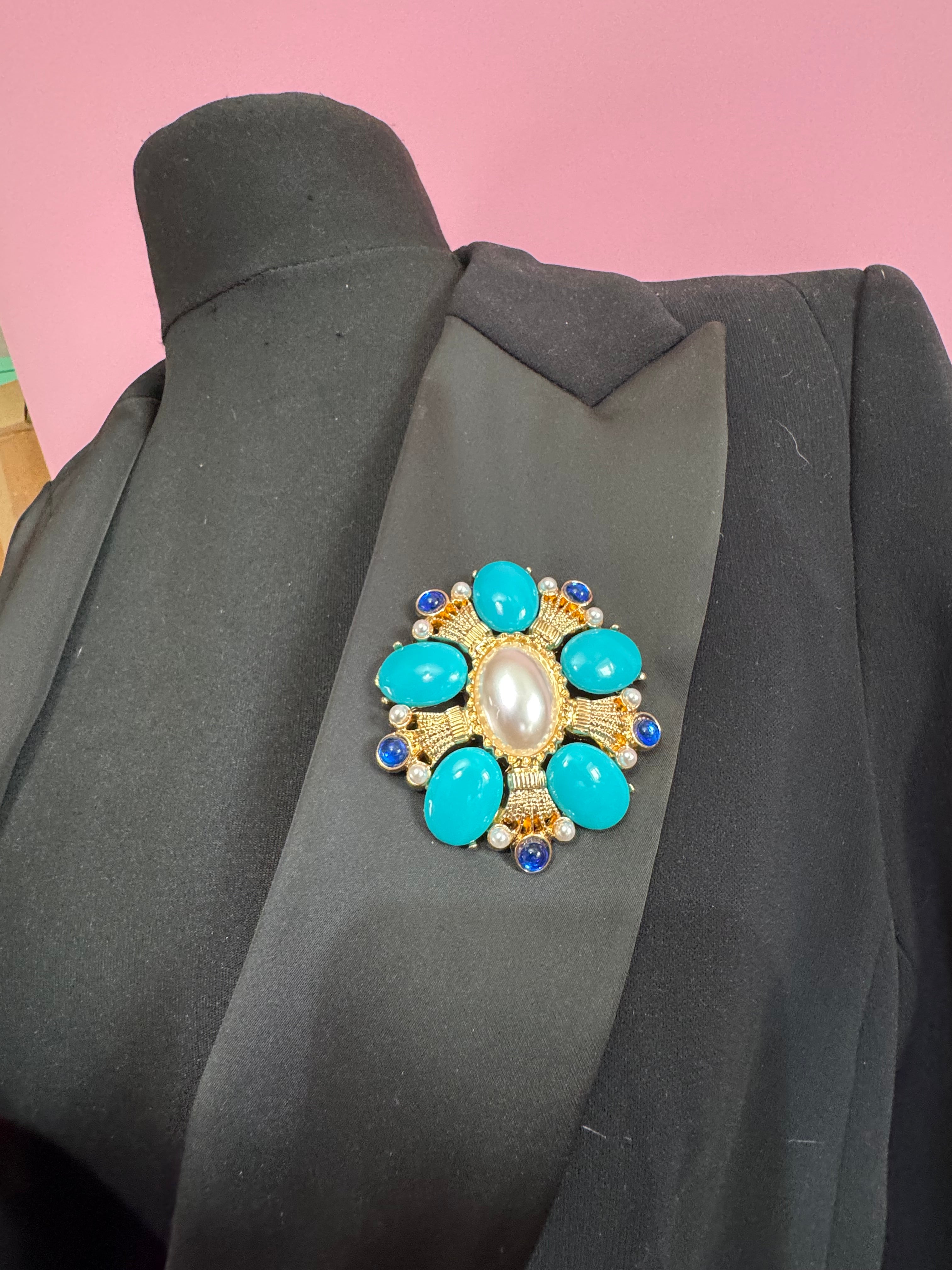 turquoise, sapphire and pearl oversized cabochon diamanté brooch