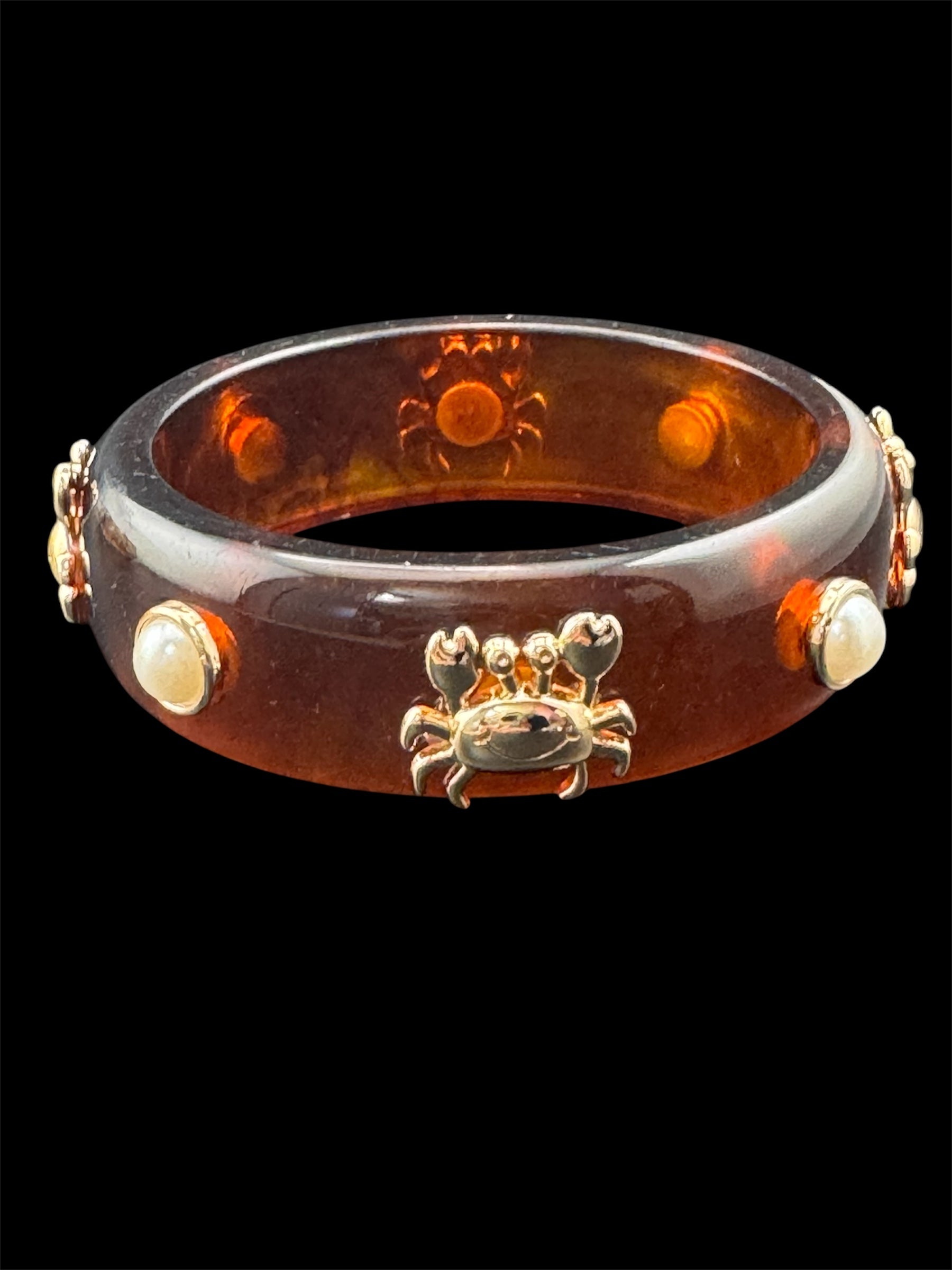 Nautical gold crab faux tortoiseshell wide brown acrylic pearl plastic bangle bracelet