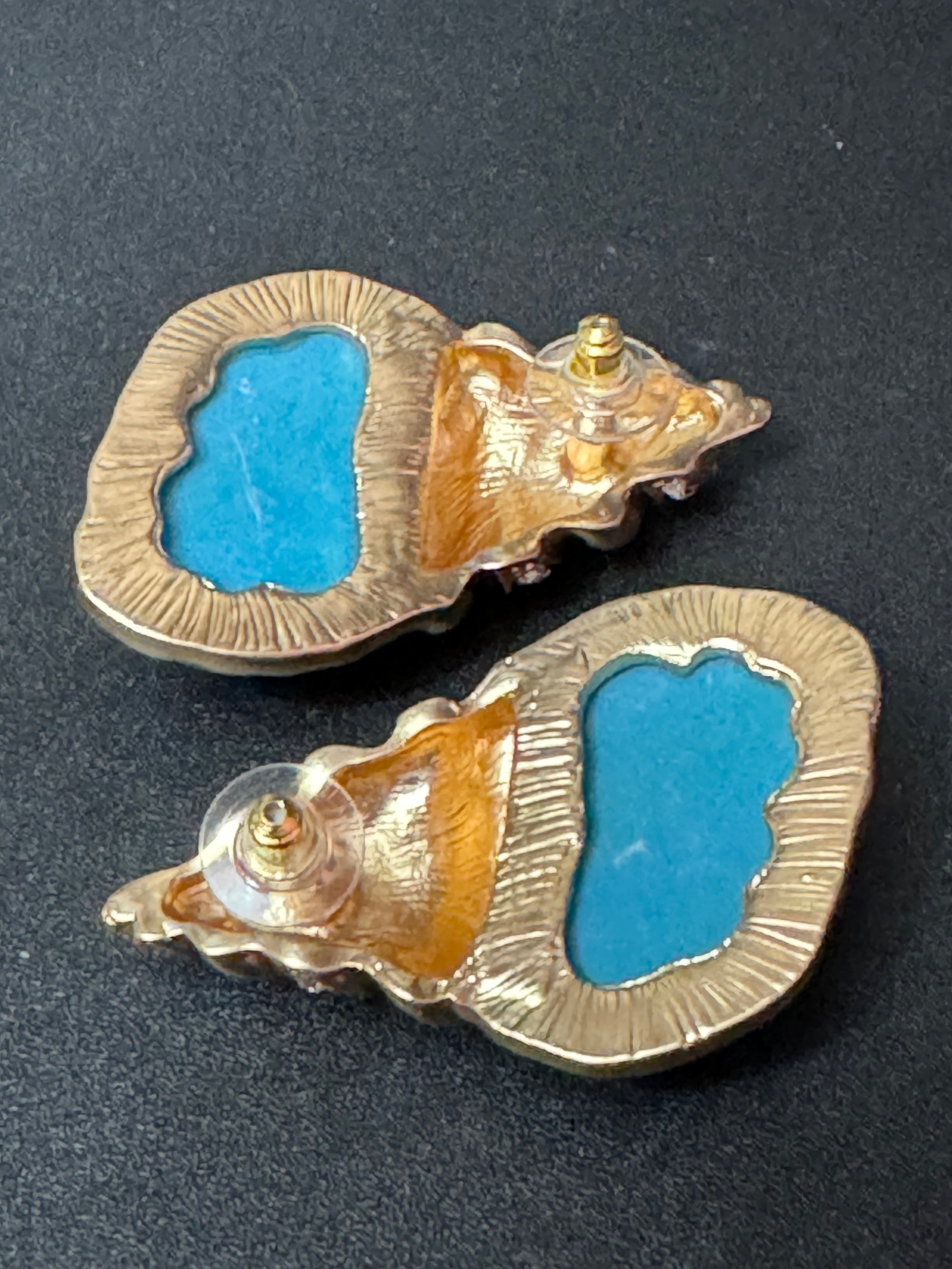 Oversized XL turquoise blue and gold seashell conch crystal earrings