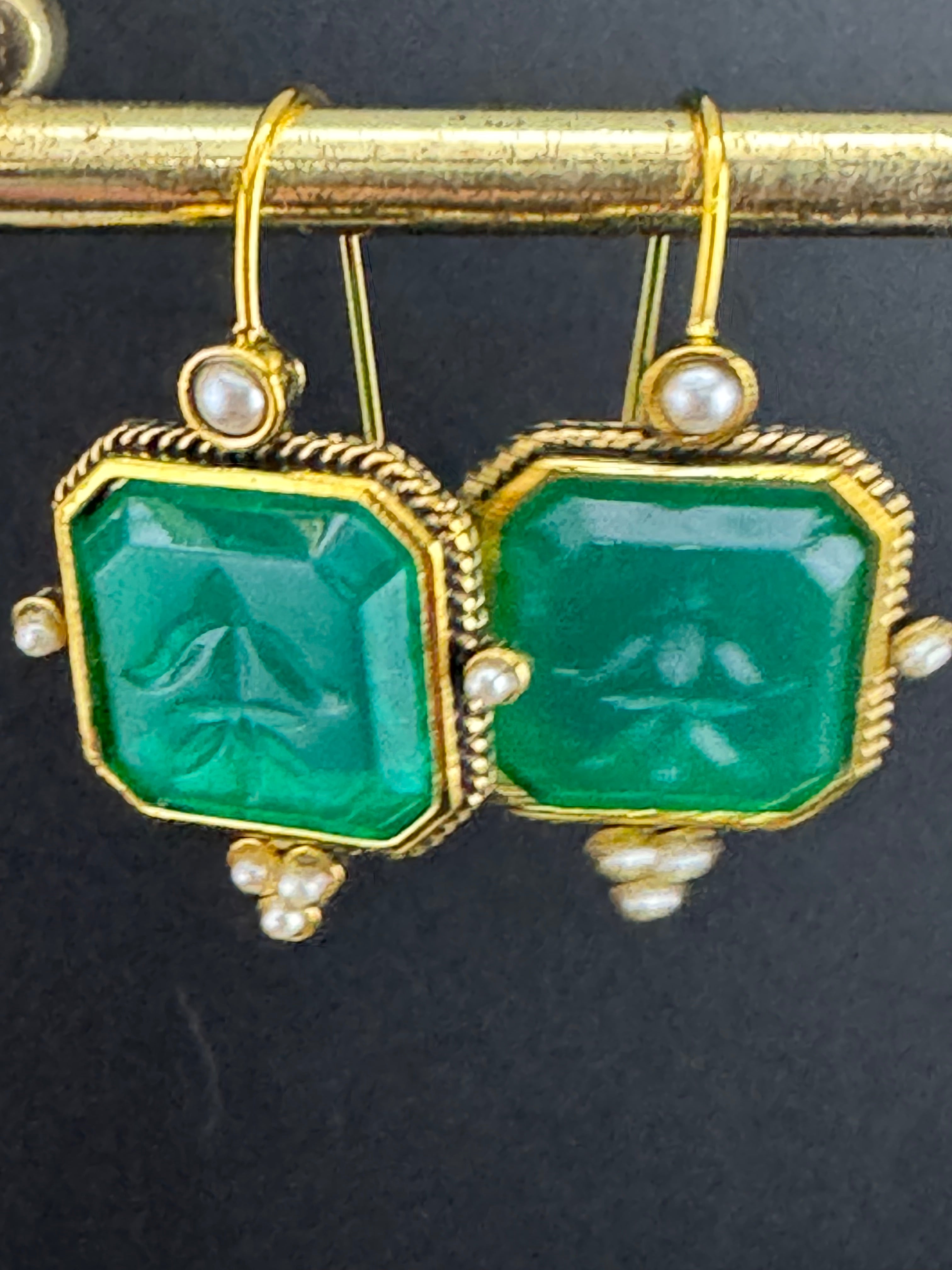 Victorian style emerald ruby and sapphire seed pearl drop earrings