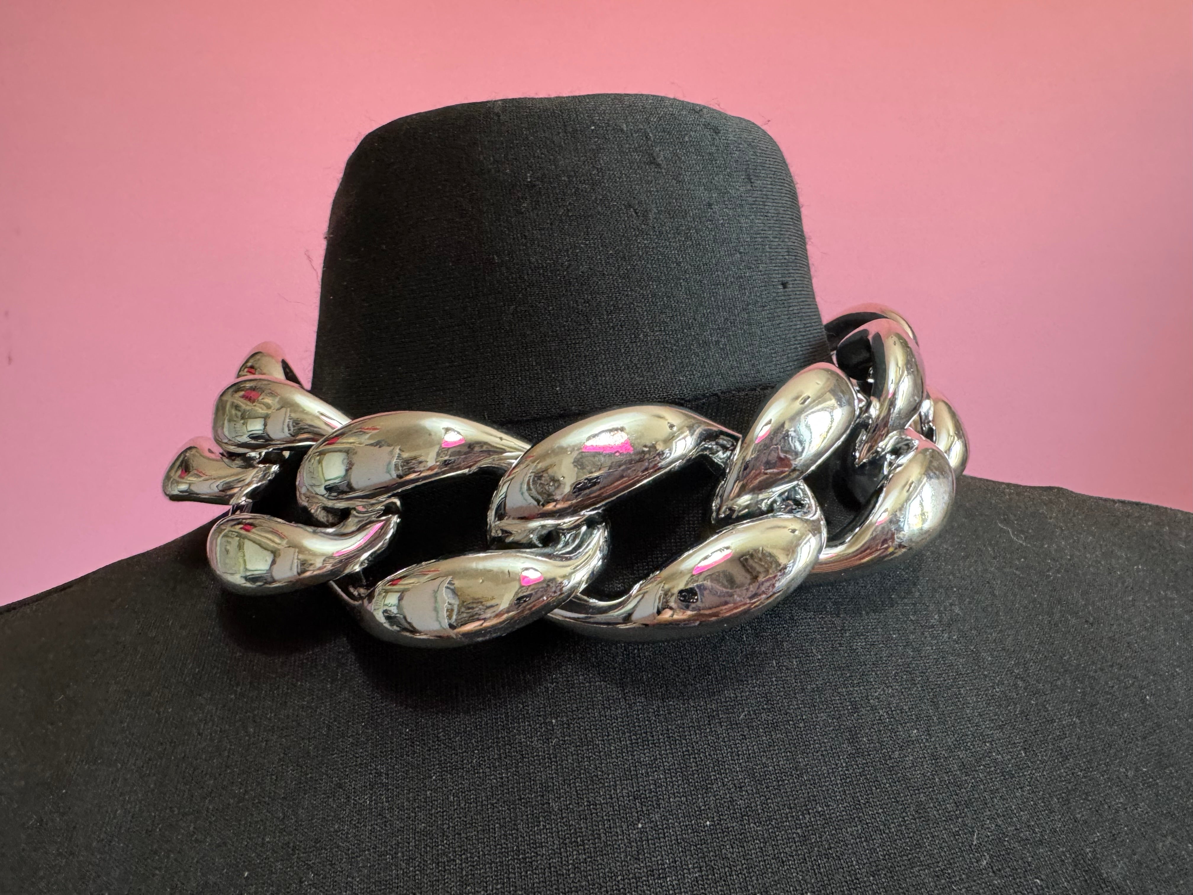 Chunky silver acrylic curb link choker necklace, oversized statement jewellery