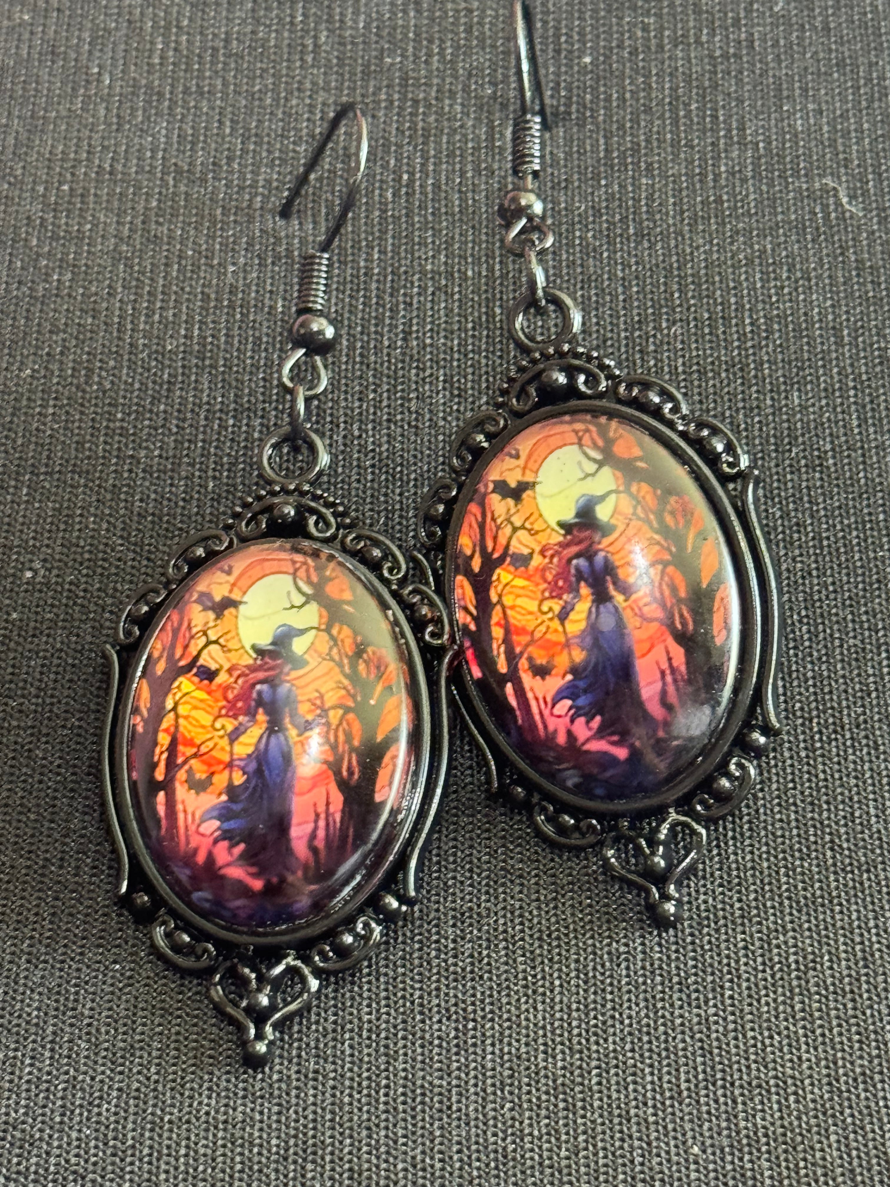 Spooky witches glass cabochon black gothic dangly Halloween earrings pierced