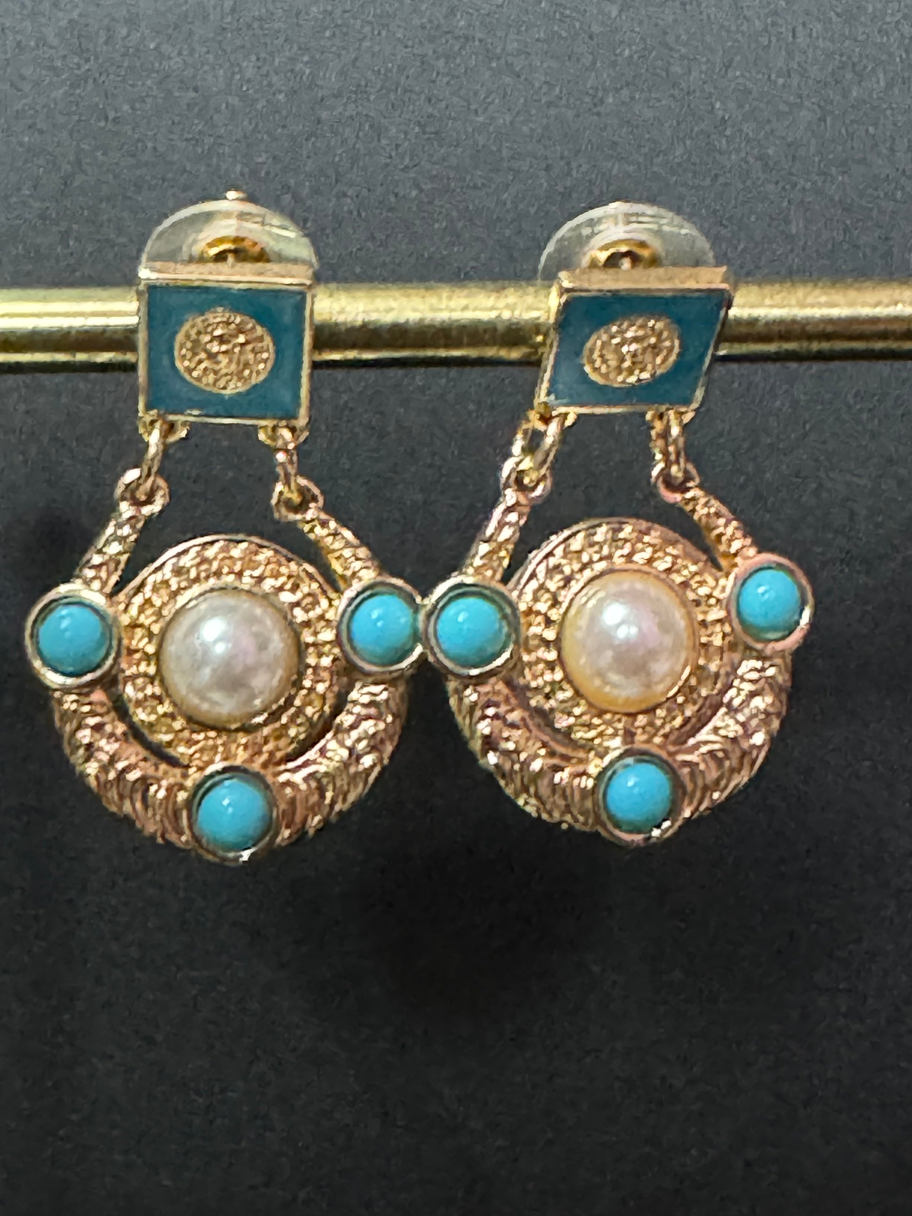 Etruscan gold disc drop earrings with turquoise and pearl cabochons