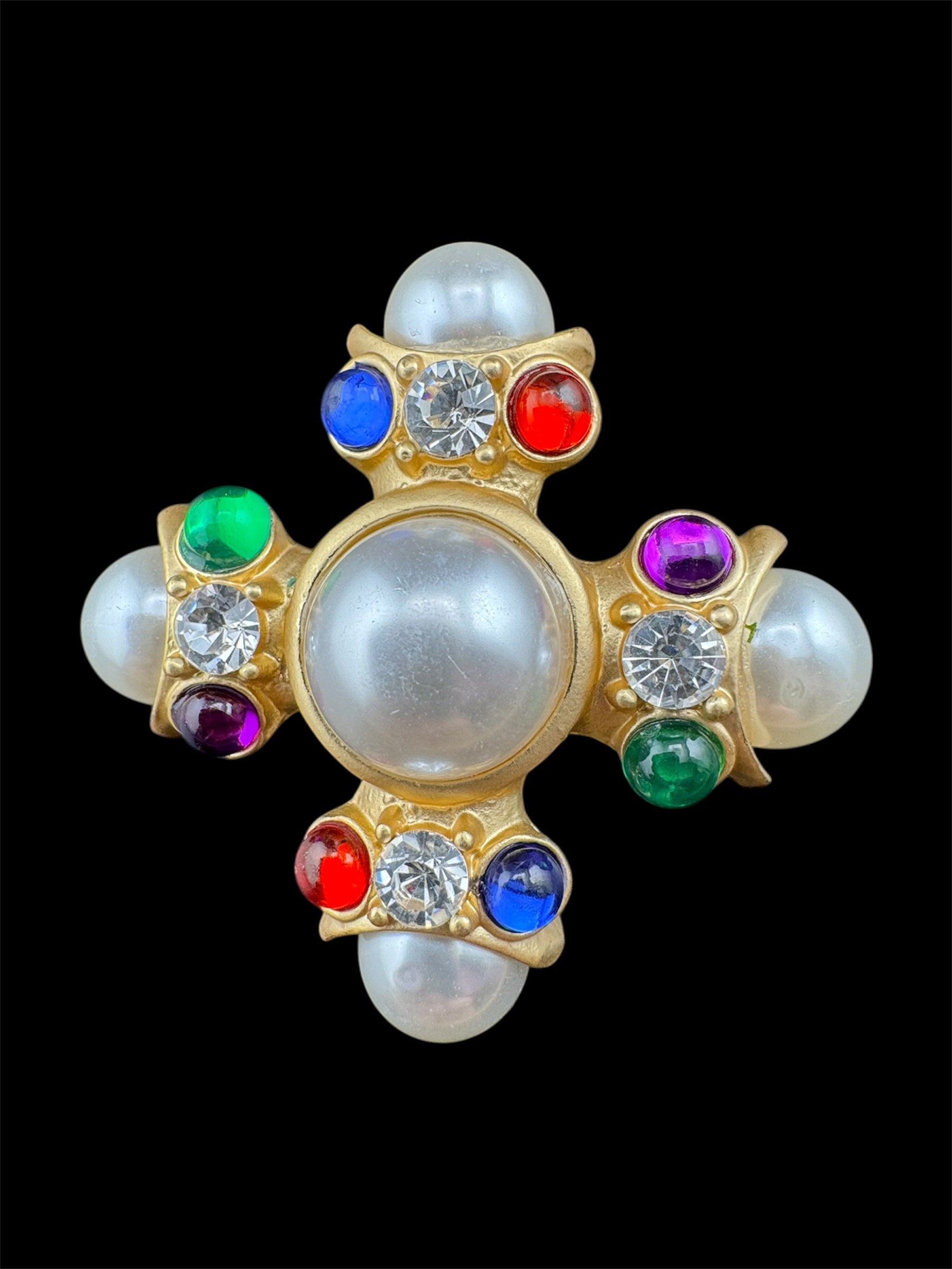 Large diamanté pearl Maltese cross brooch and pendant
