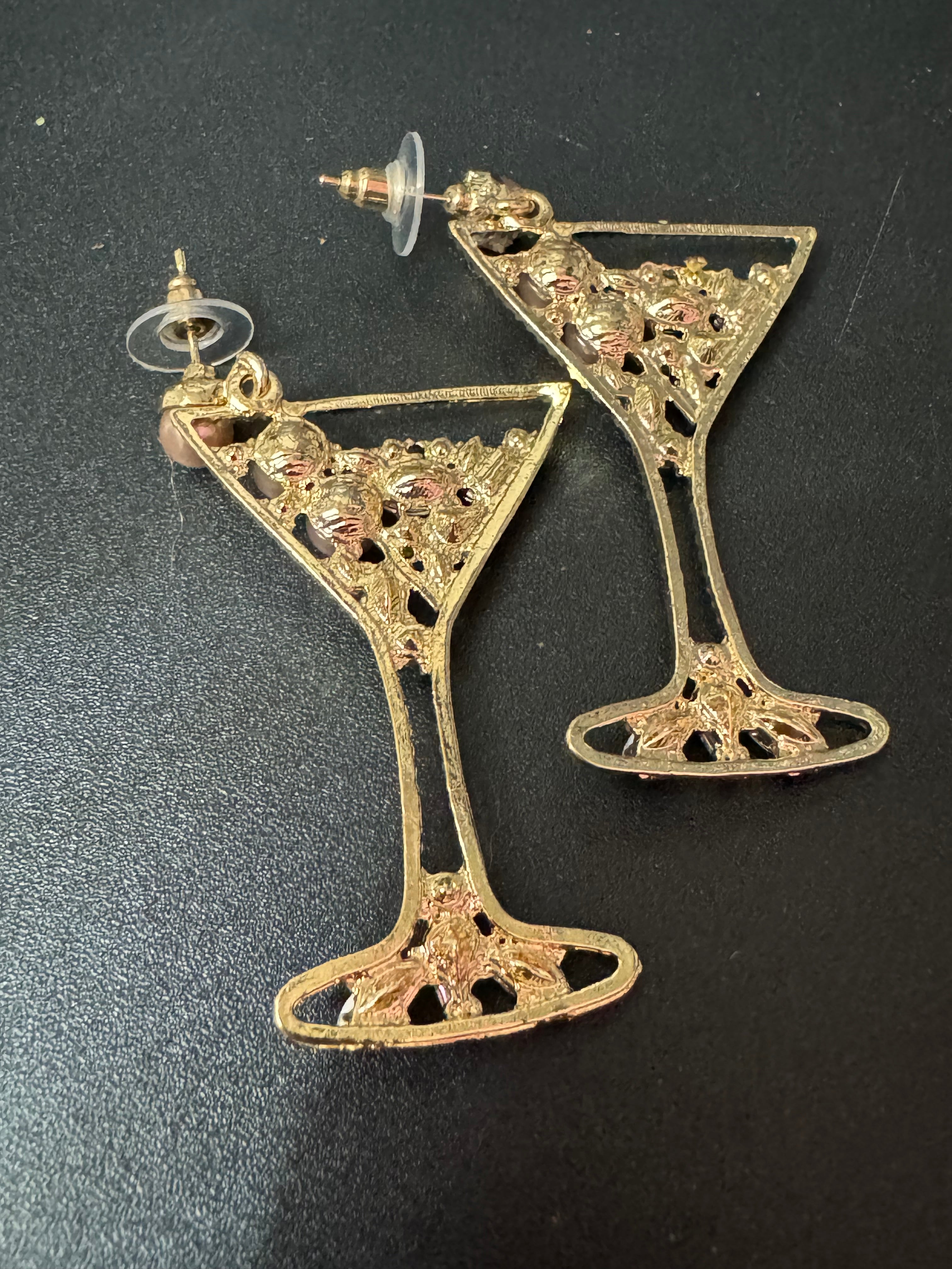 Novelty oversized faux pearl diamanté crystal champagne cocktail glass earrings