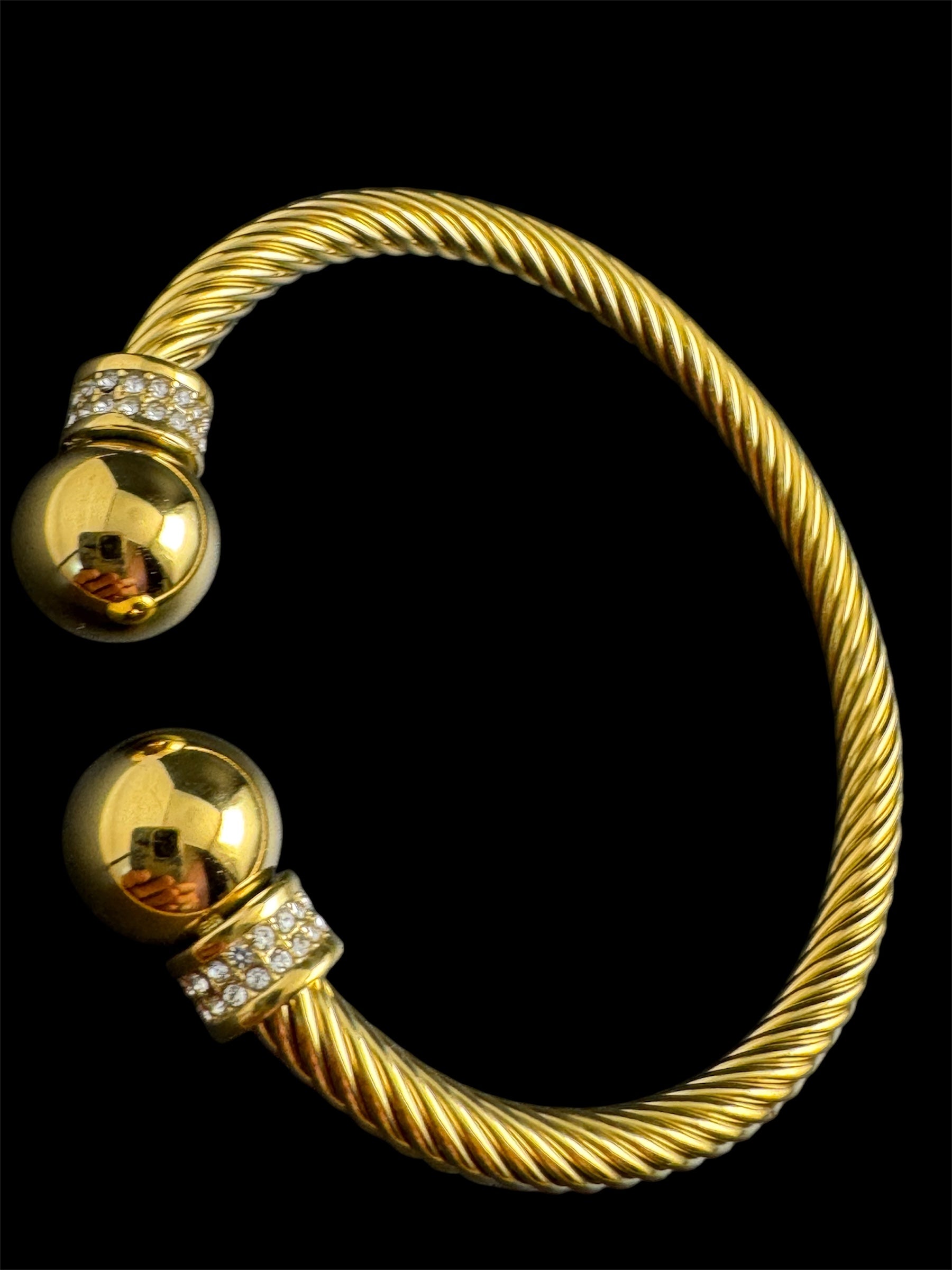 Etruscan style open twisted rhinestone torque cuff bangle gold tone