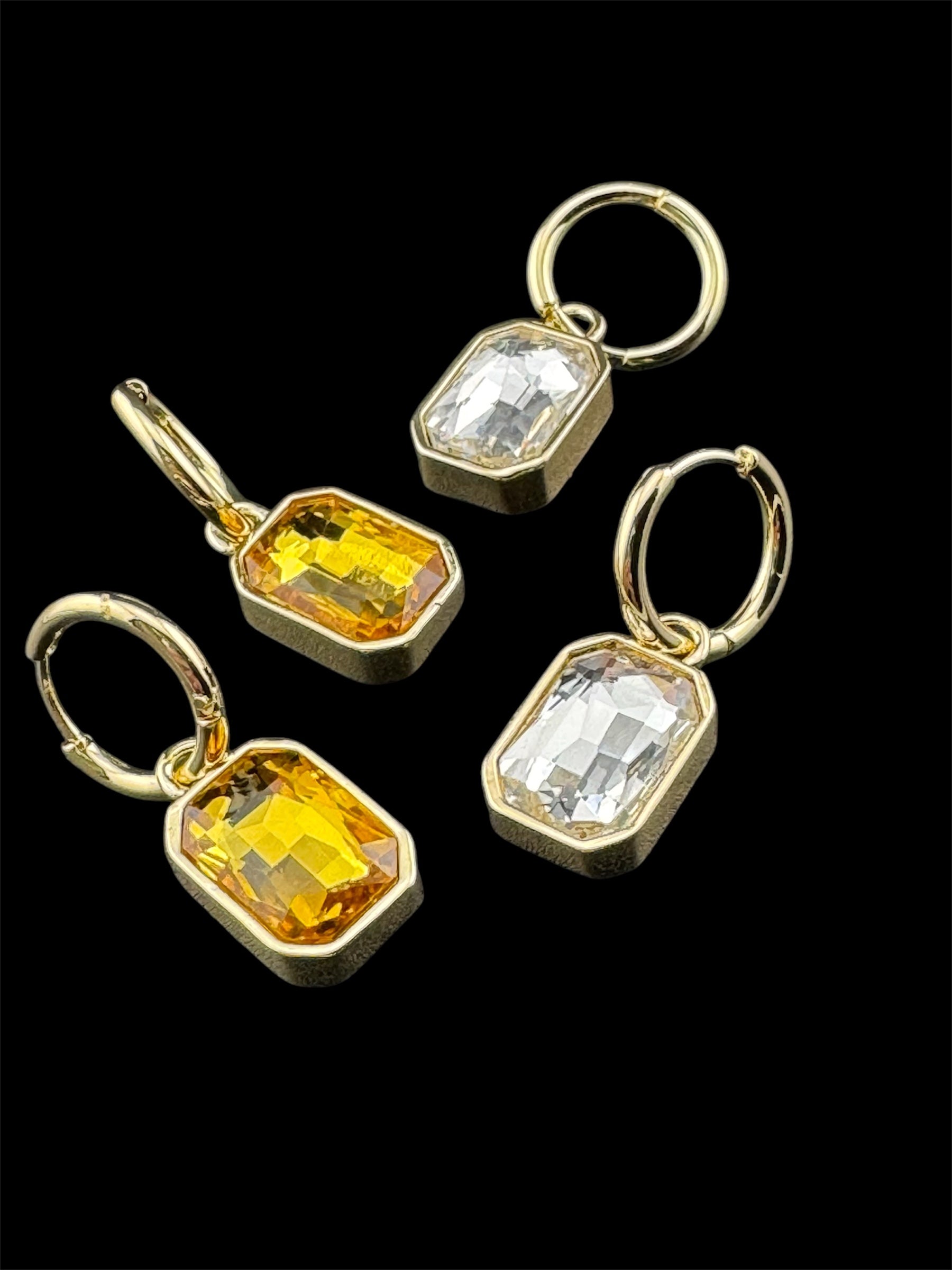 Amber Citrine glass crystal octagonal charm small hoop earrings pierced, gold plated