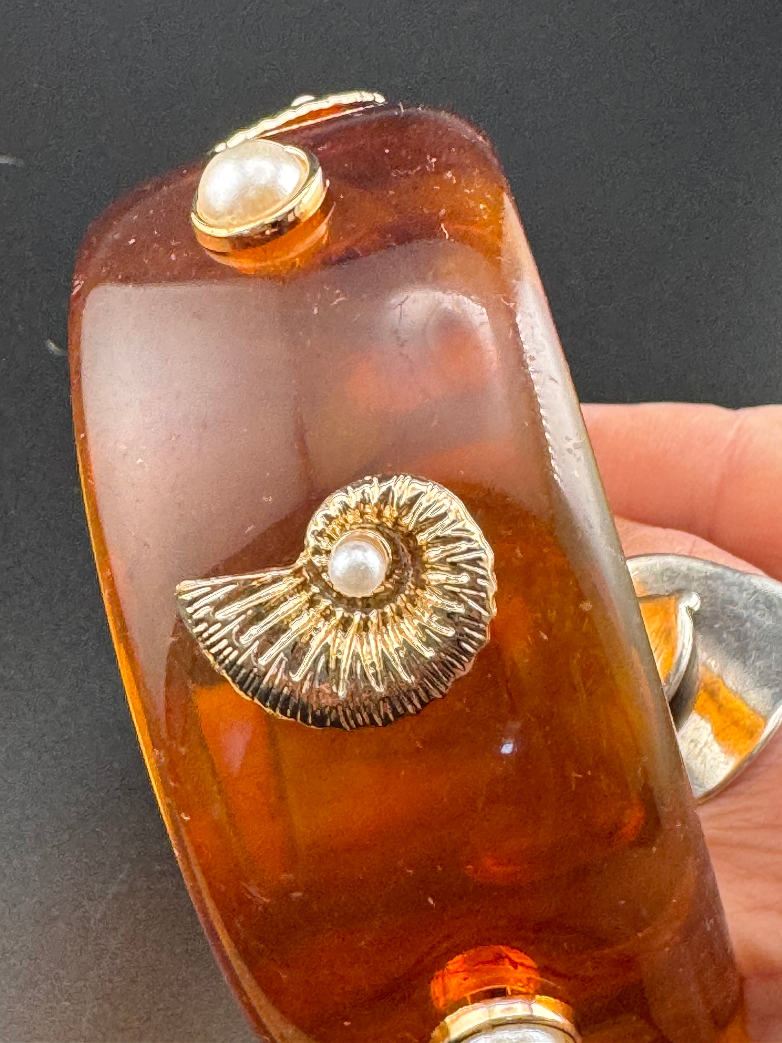 Nautical gold ammonite faux tortoiseshell wide brown acrylic pearl plastic bangle bracelet