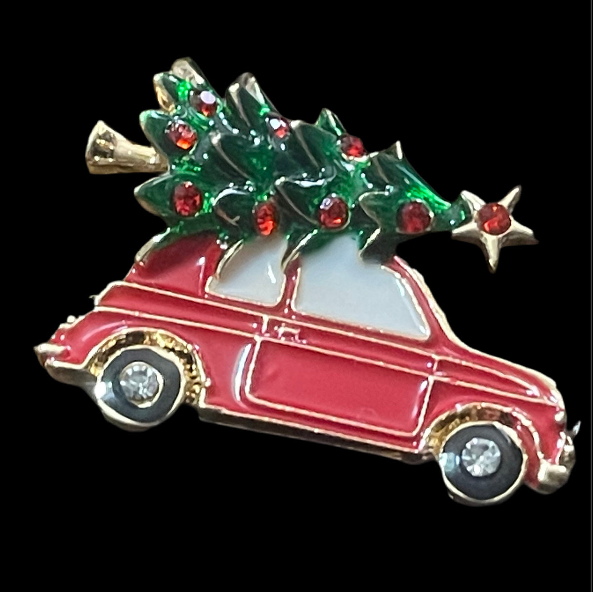 Driving home for Christmas tree brooch, gold tone and enamel , festive jewellery